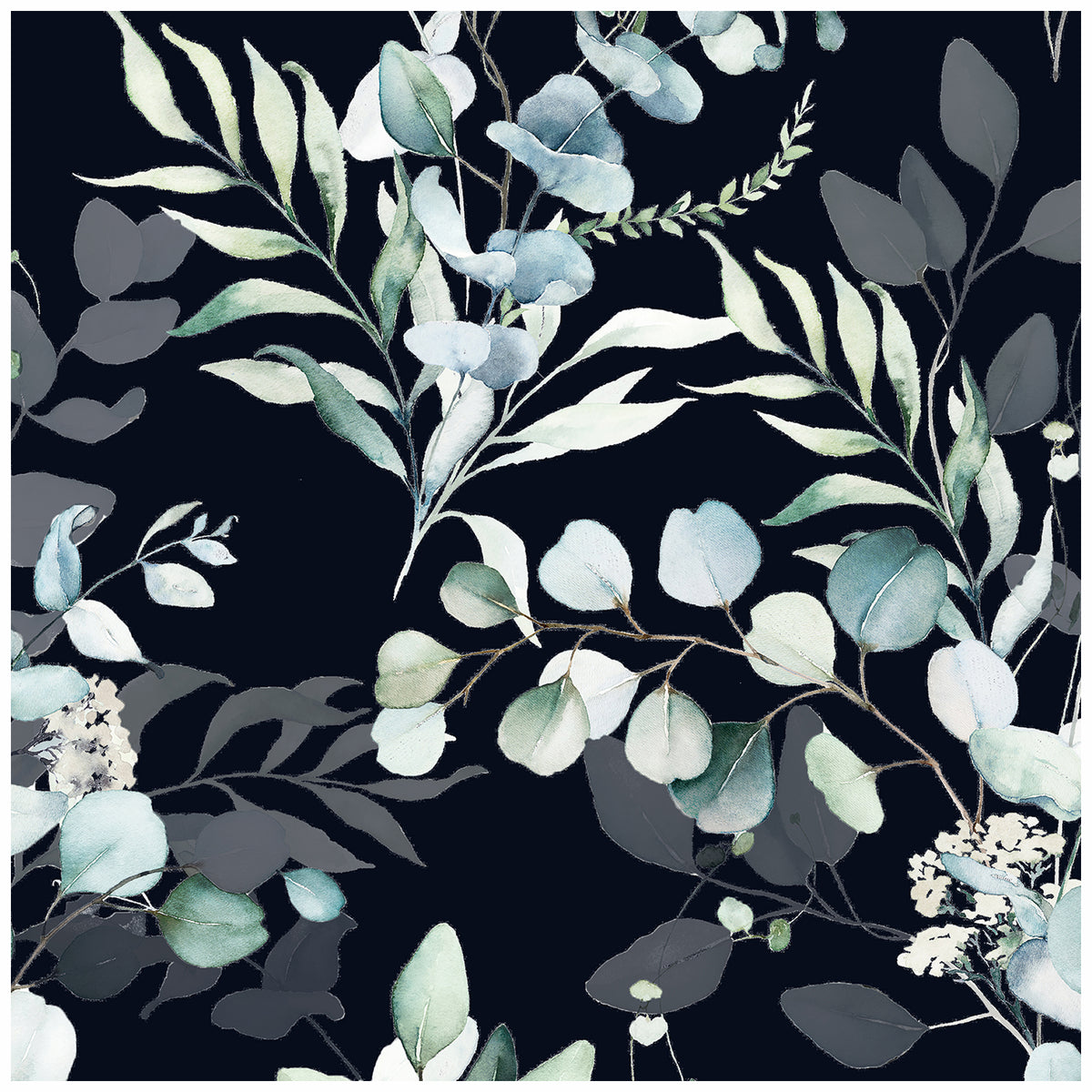 Navy Blue Watercolor Botanical Peel and Stick Wallpaper with Blue Green Leaves
