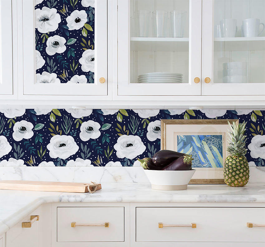 HaokHome 93245-3 Navy/White Floral Wallpaper Home Decor Removable Vinyl Self Adhesive Mural Contact Paper