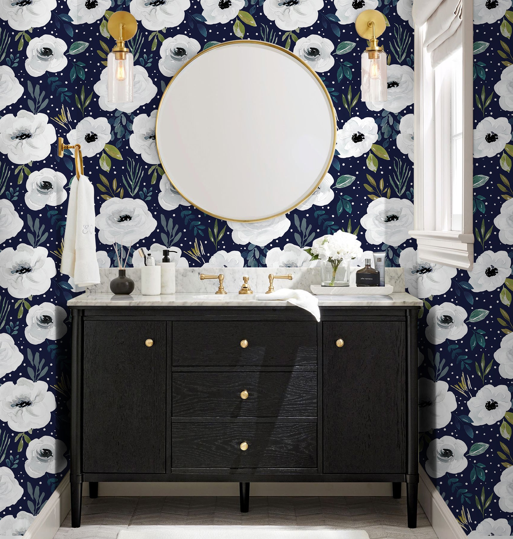 HaokHome 93245-3 Navy/White Floral Wallpaper Home Decor Removable Vinyl Self Adhesive Mural Contact Paper