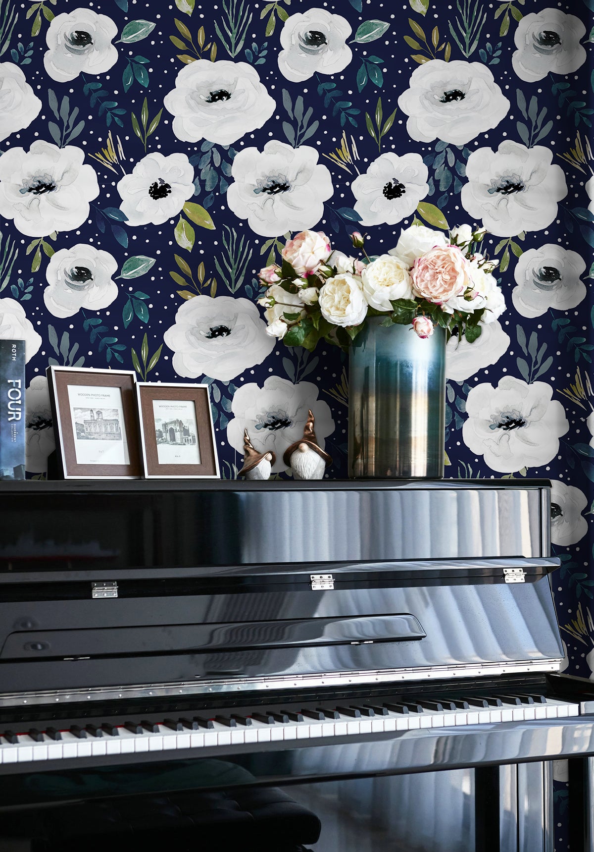 HaokHome 93245-3 Navy/White Floral Wallpaper Home Decor Removable Vinyl Self Adhesive Mural Contact Paper