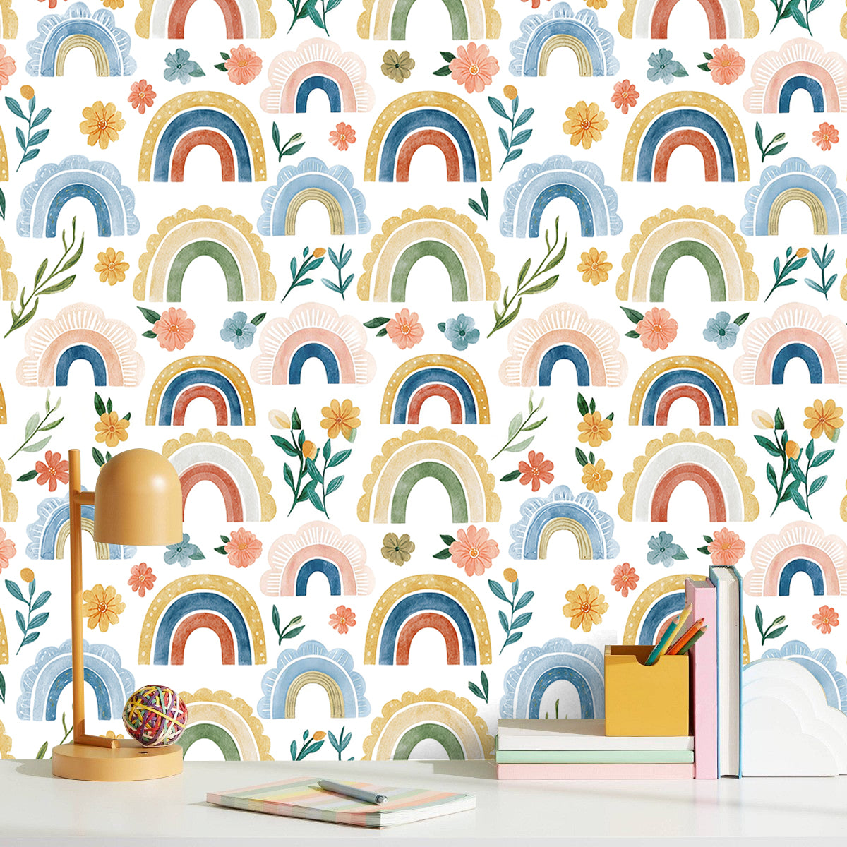Neutral watercolor boho rainbow floral peel and stick removable wallpaper for gender neutral nursery Floral Plus