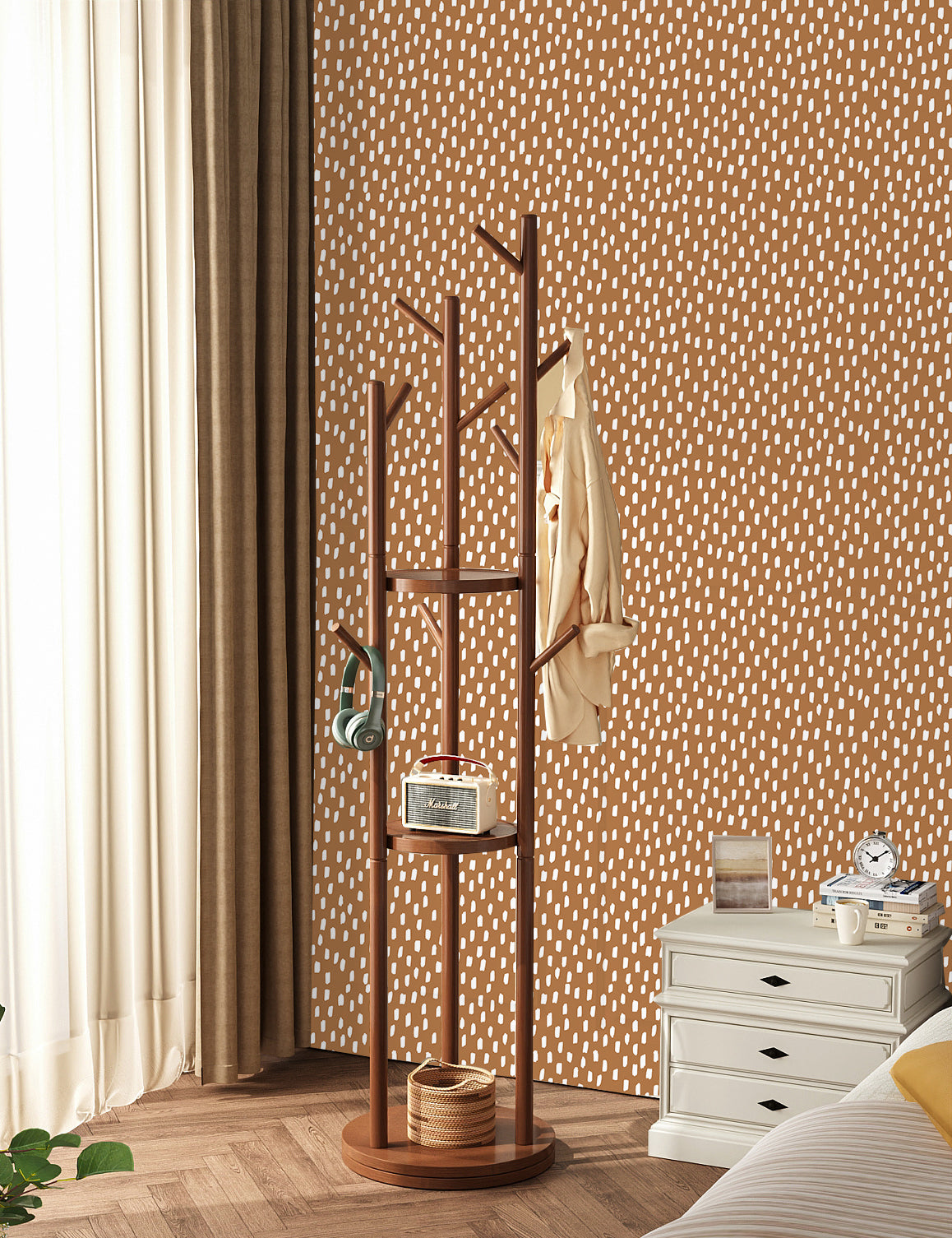 Peel and Stick Wallpaper Boho Modern Dots Wall Paper Removable for Bathroom Caramel/White Contact Paper
