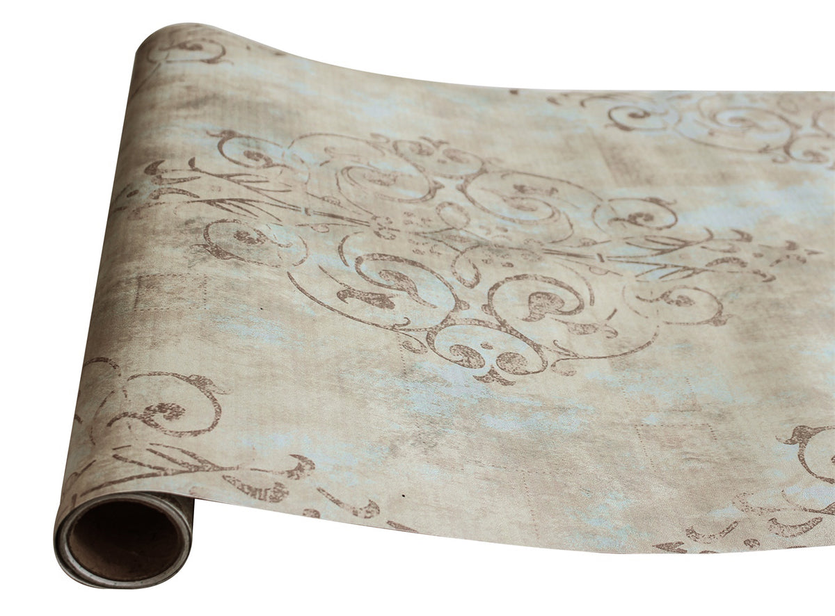 Roll of vintage distressed damask peel and stick wallpaper, beige and light blue antique pattern wall covering