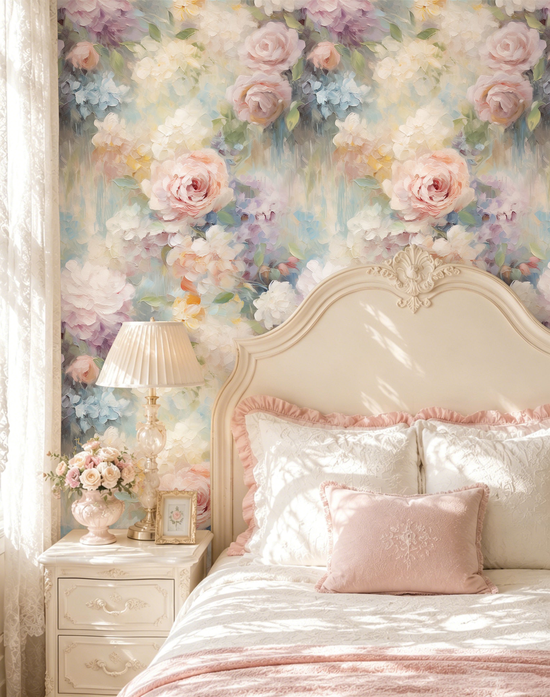 Romantic bedroom featuring watercolor floral peel and stick wallpaper