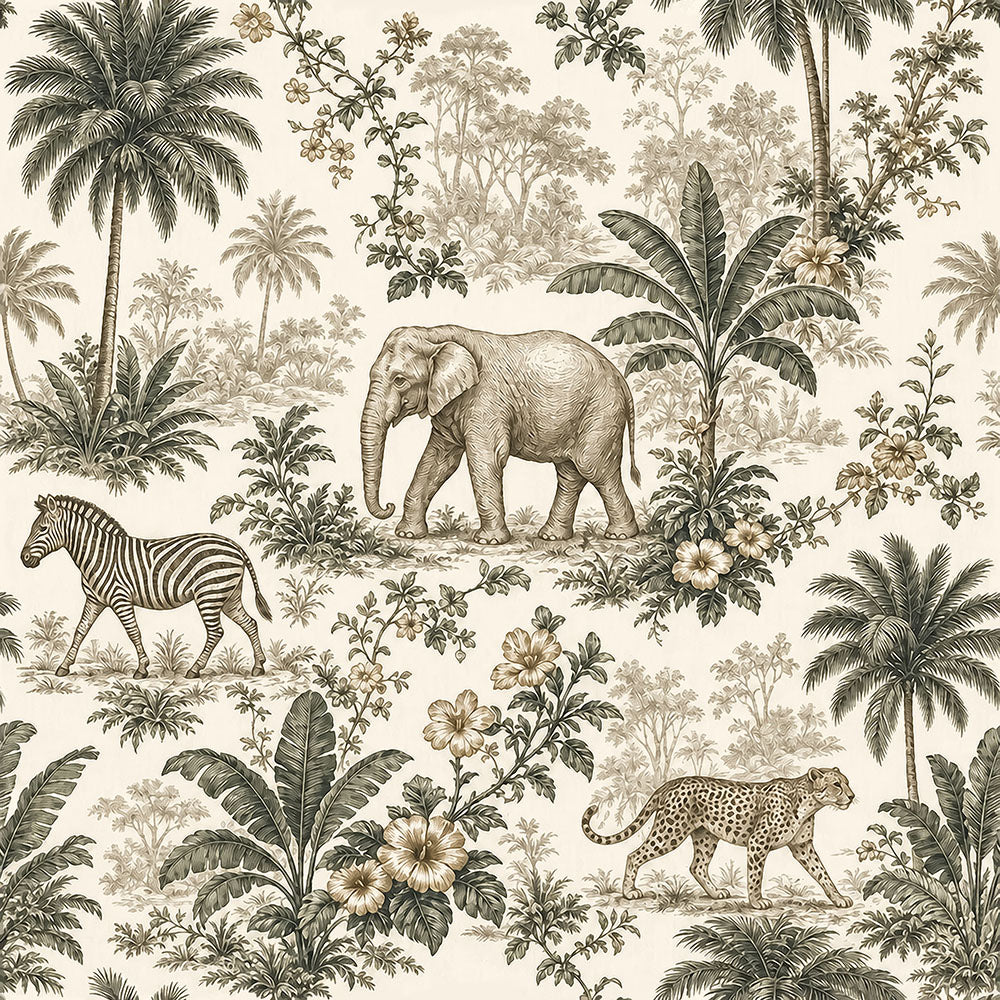 Safari Toile Wallpaper – Vintage Jungle Sketch Wallpaper