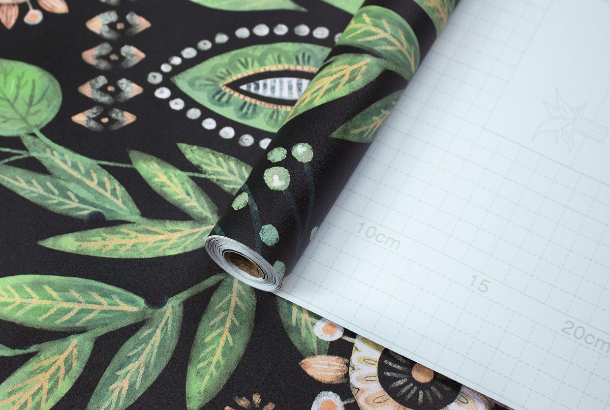 Self adhesive peel and stick wallpaper close up, removable dark green botanical wall covering