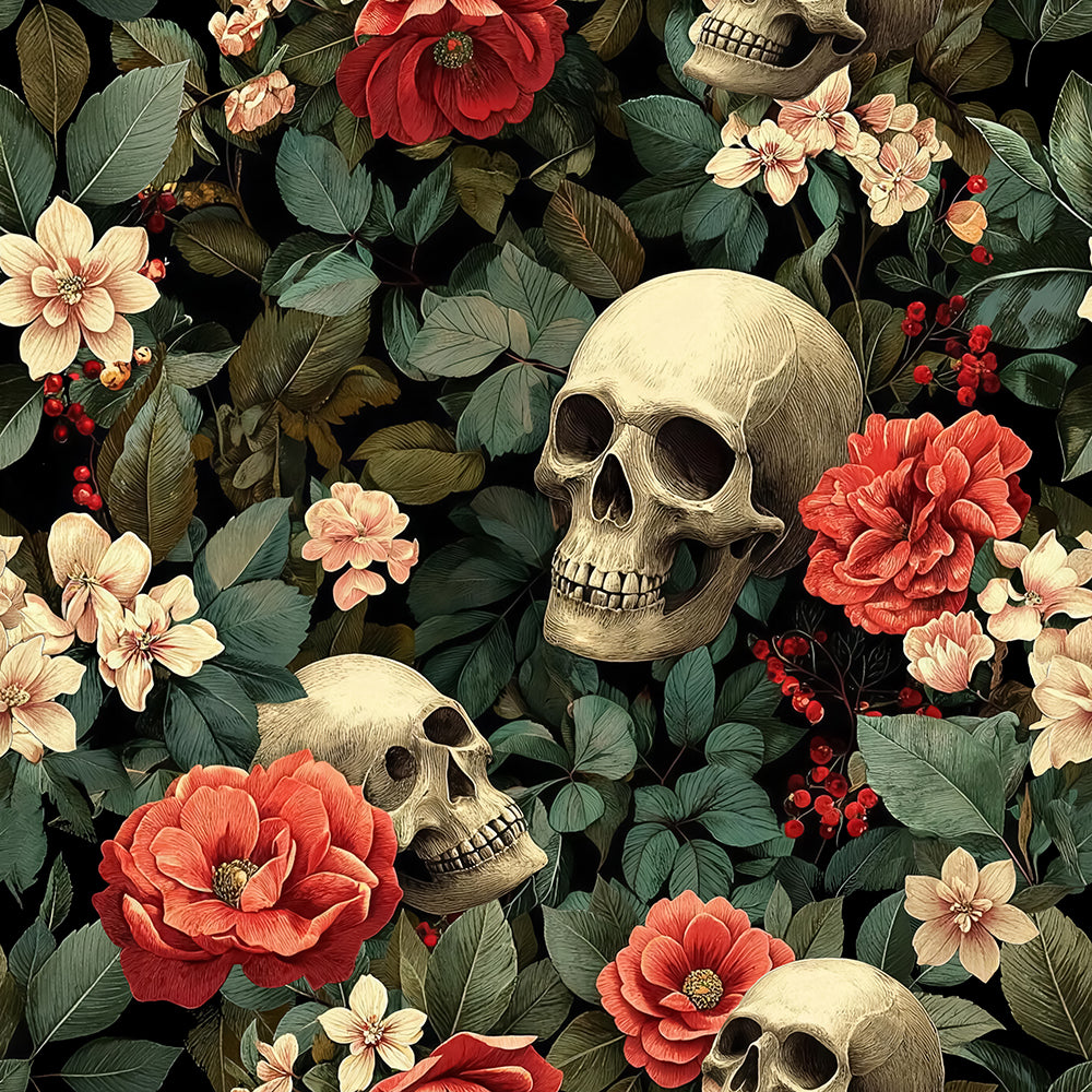 Skull Floral Wallpaper – Dark Gothic Moody Botanical Print