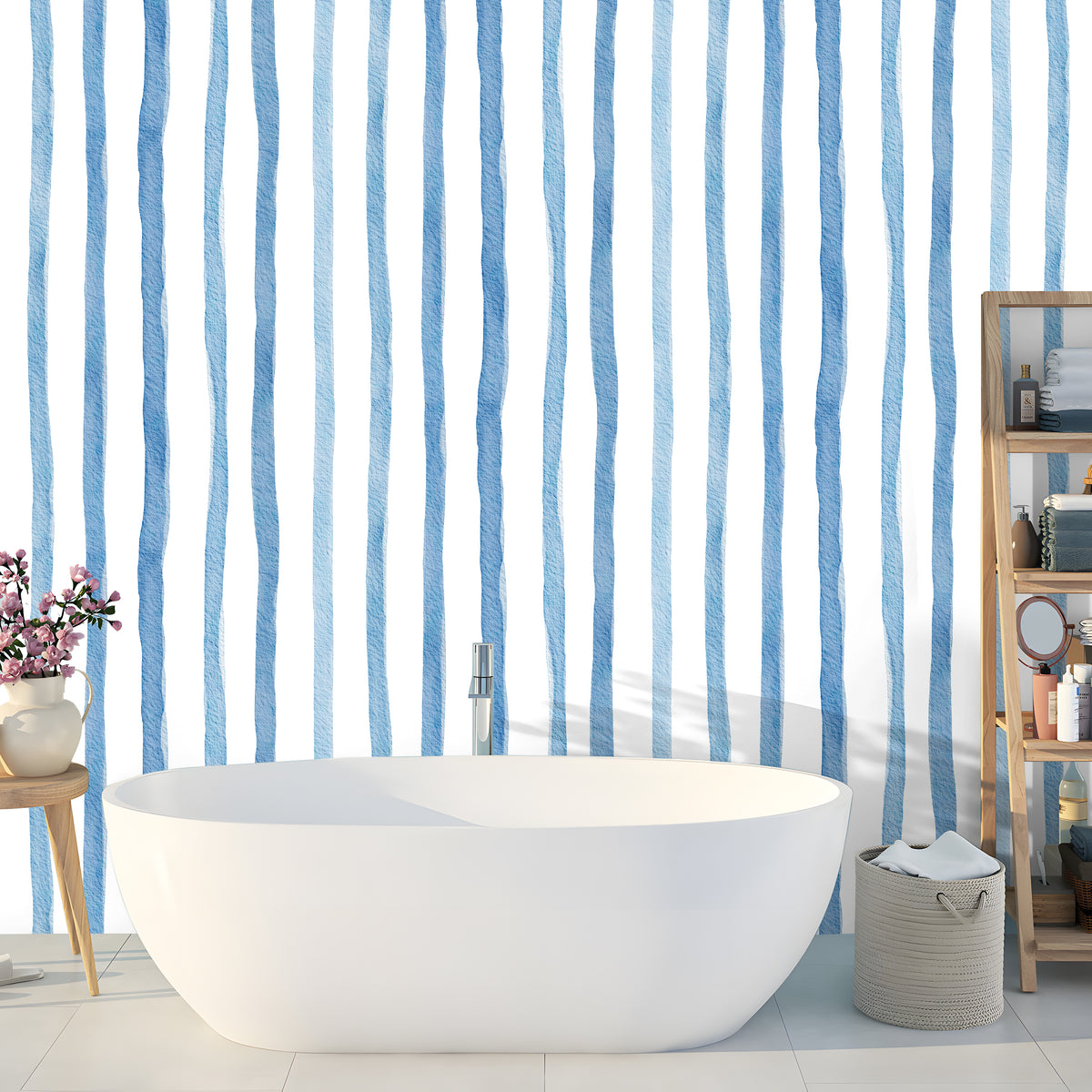 Soft blue horizontal striped temporary wallpaper, bathroom accent wall ideas, waterproof peel and stick wall mural for bathtub area