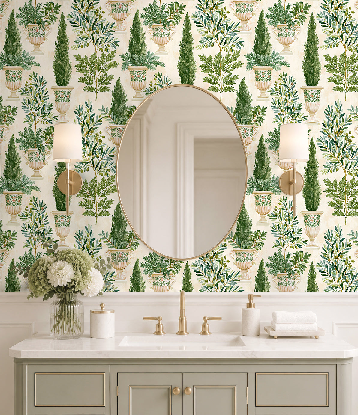 Soft green cypress botanical peel‑and‑stick wallpaper for elegant cottage powder room