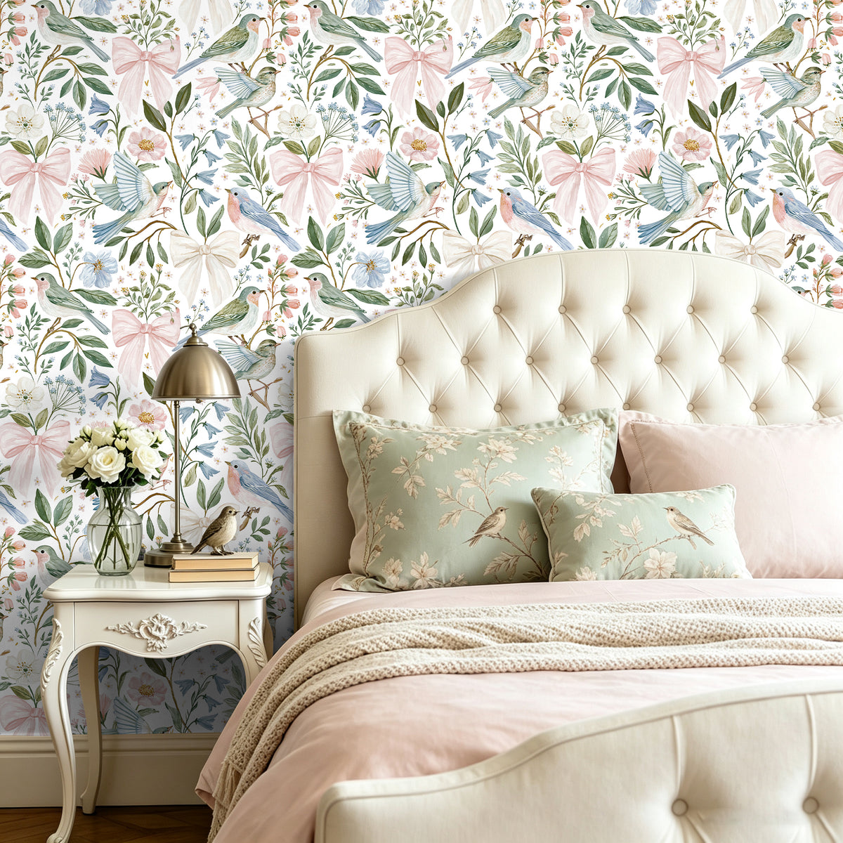 Soft pastel bird‑floral removable wallpaper in romantic cream master bedroom