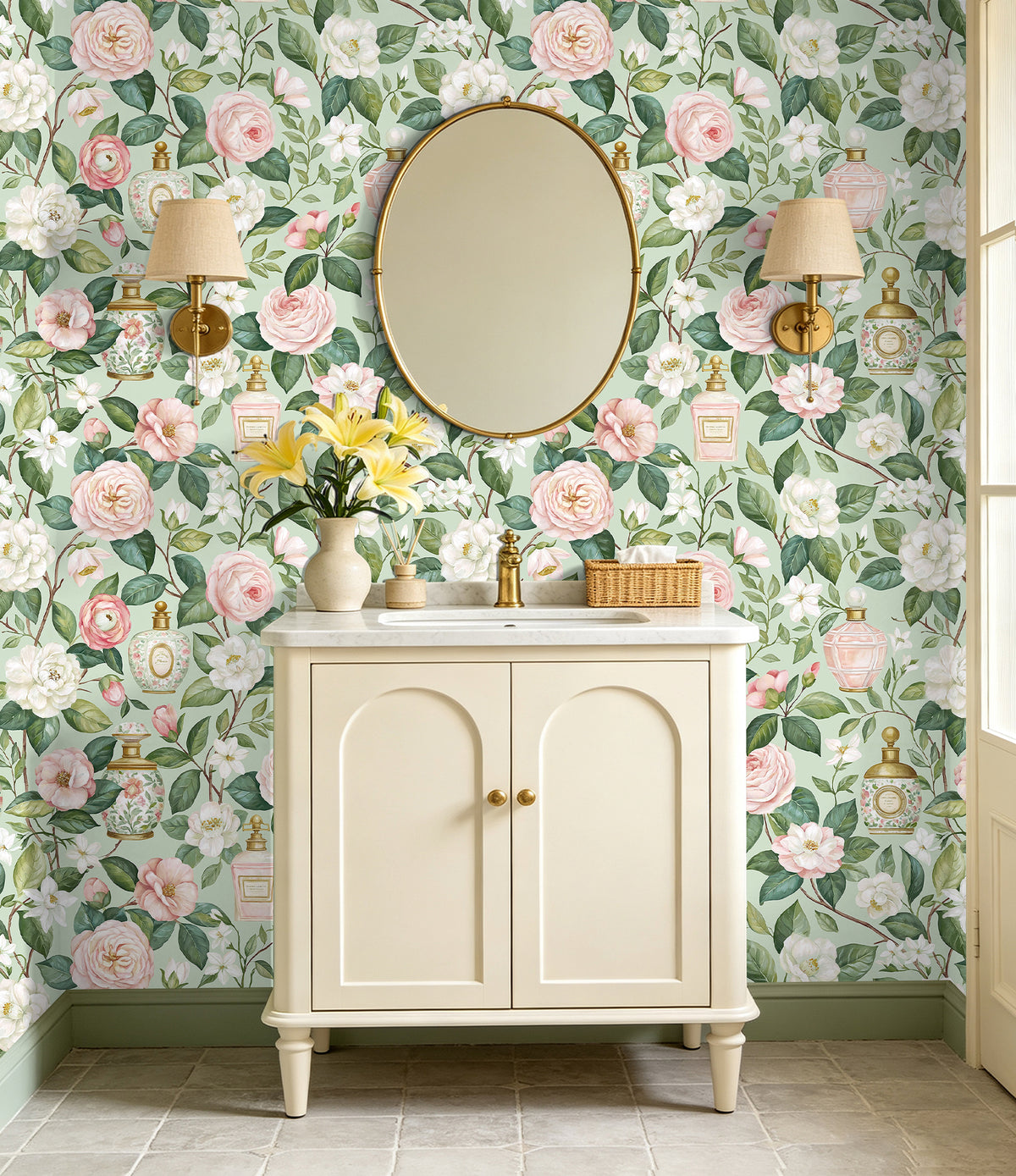 Soft vintage rose botanical removable wallpaper for elegant powder room vanity