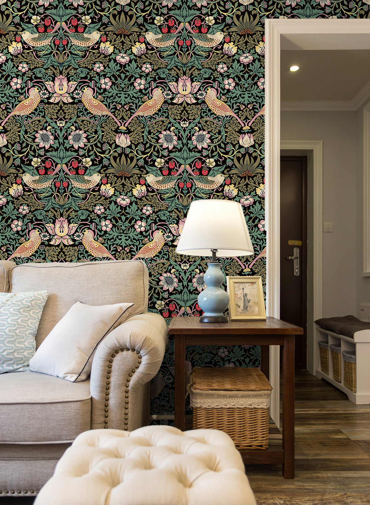 HAOKHOME 94029-3 Vintage Floral Peel and Stick Wallpaper Strawberry Thief Botanical Black/Olive/Pink Wall Murals Home Kitchen Bedroom Decor by William Morris