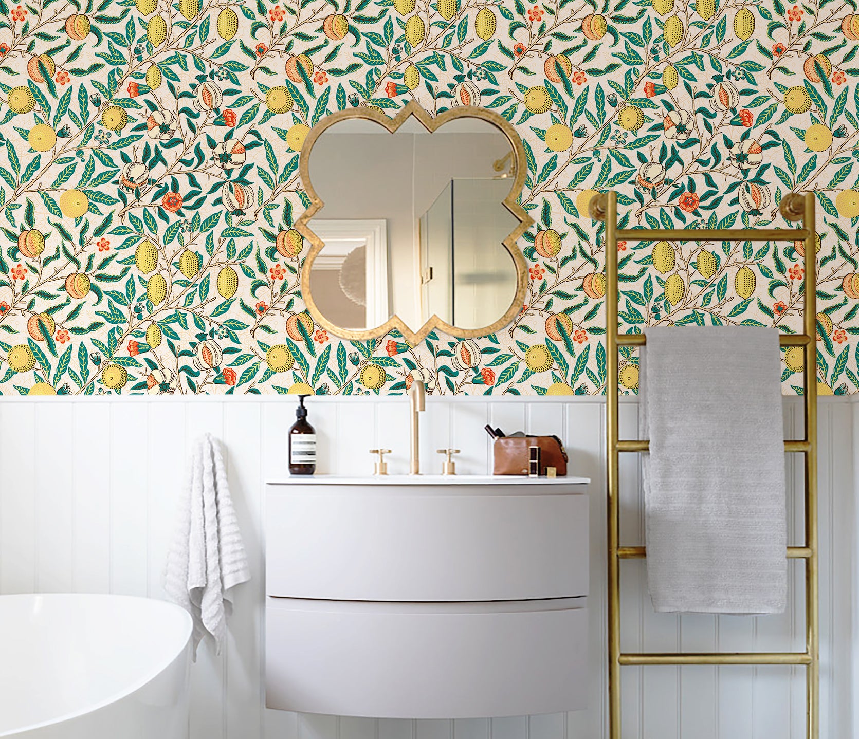 HAOKHOME 93308-2 Vintage Peel and Stick Wallpaper Lemon Pomegranate Forest Beige/Green/Yellow Wall Murals Home Kitchen Bedroom Decor by William Morris