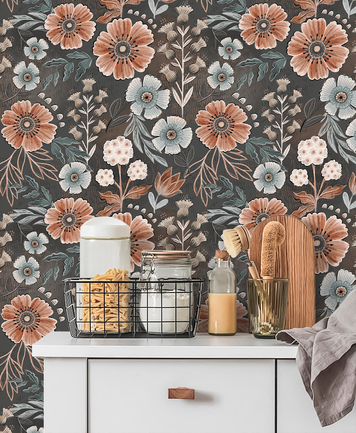 Vintage dark floral peel and stick wallpaper, rustic wildflower pattern, removable wall covering for cabinet makeover and small accent walls