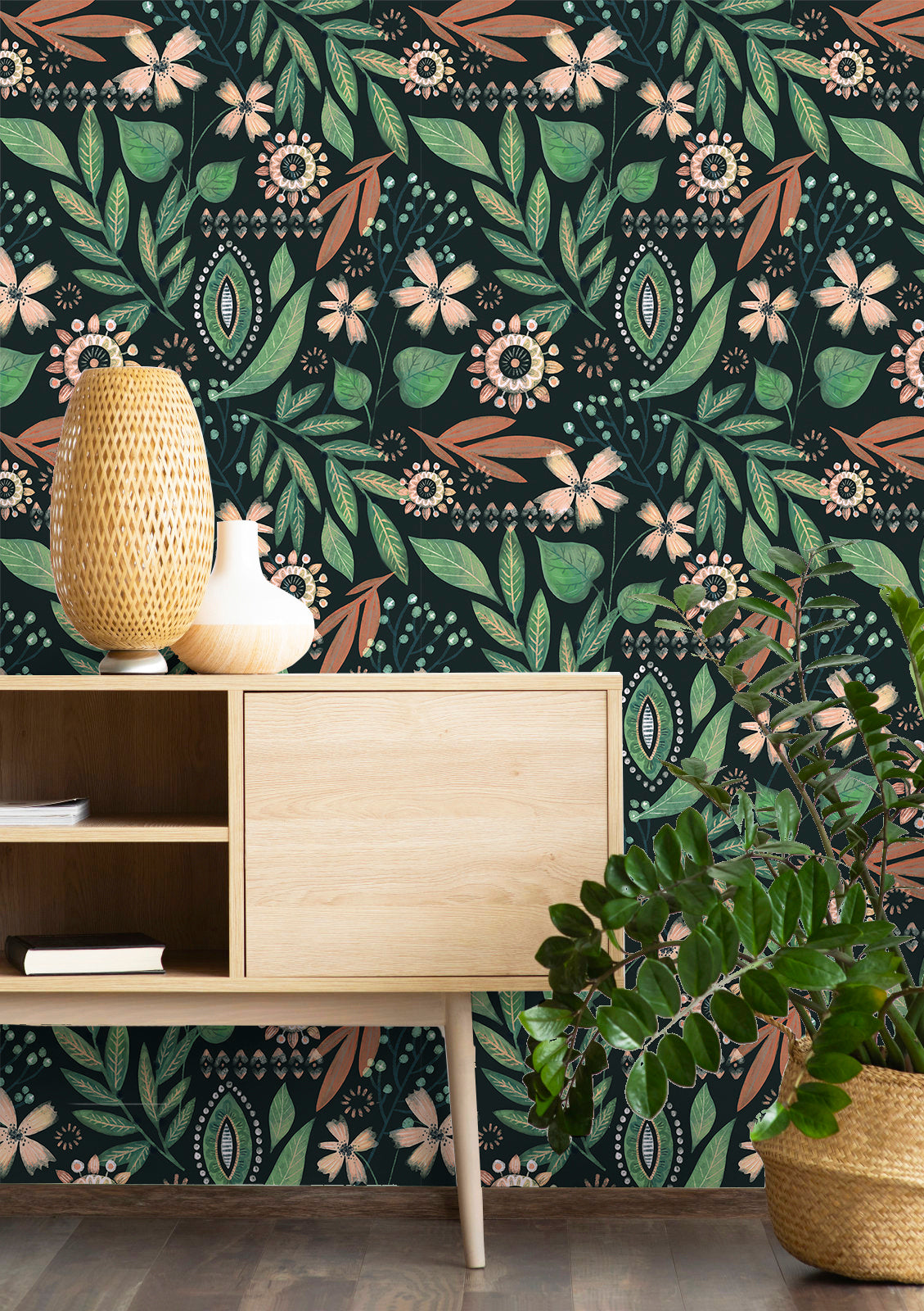 Vintage dark green botanical peel and stick wallpaper entryway, bohemian entry decor