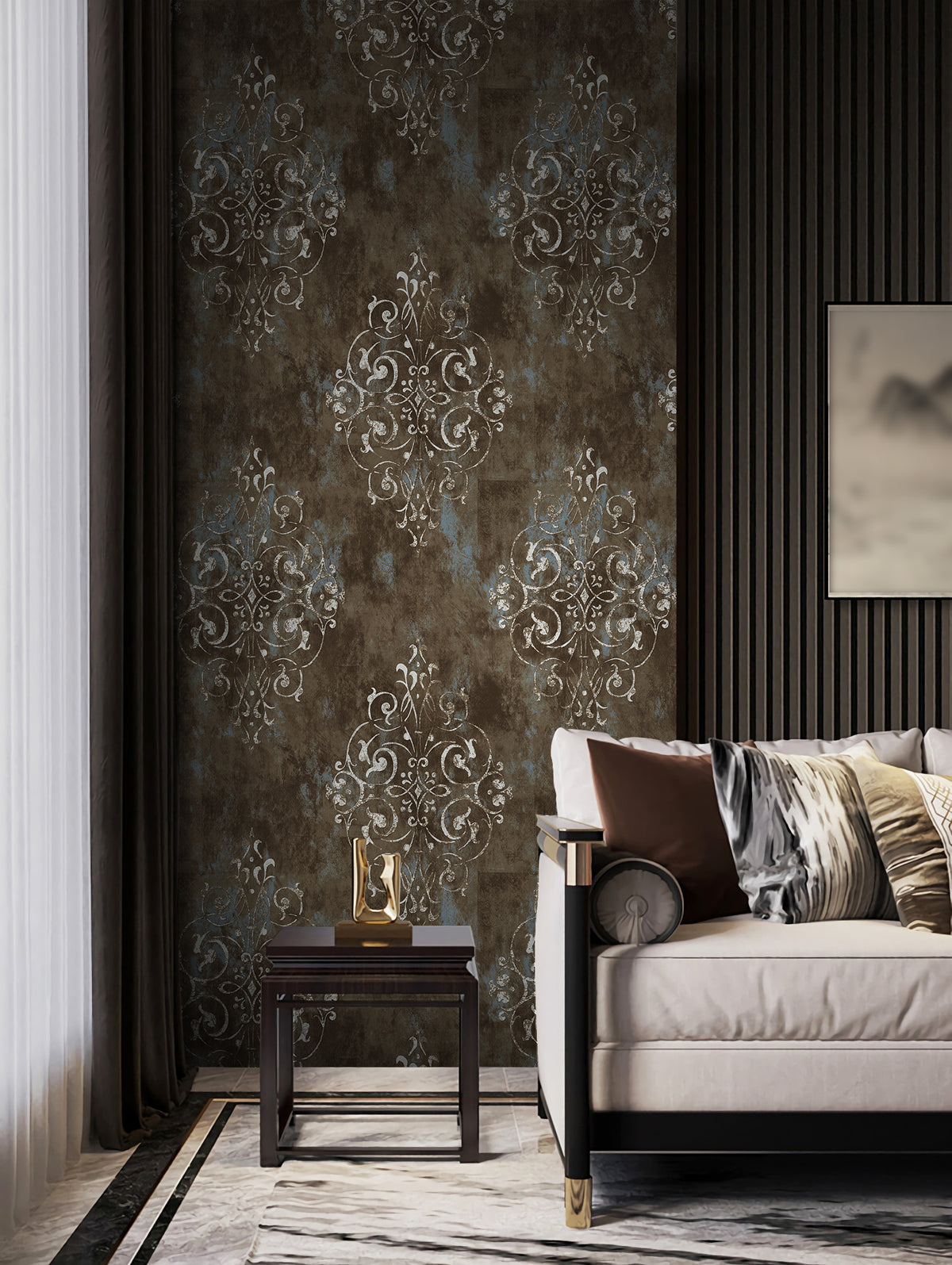 Vintage distressed damask peel‑and‑stick wallpaper for moody dark traditional living room