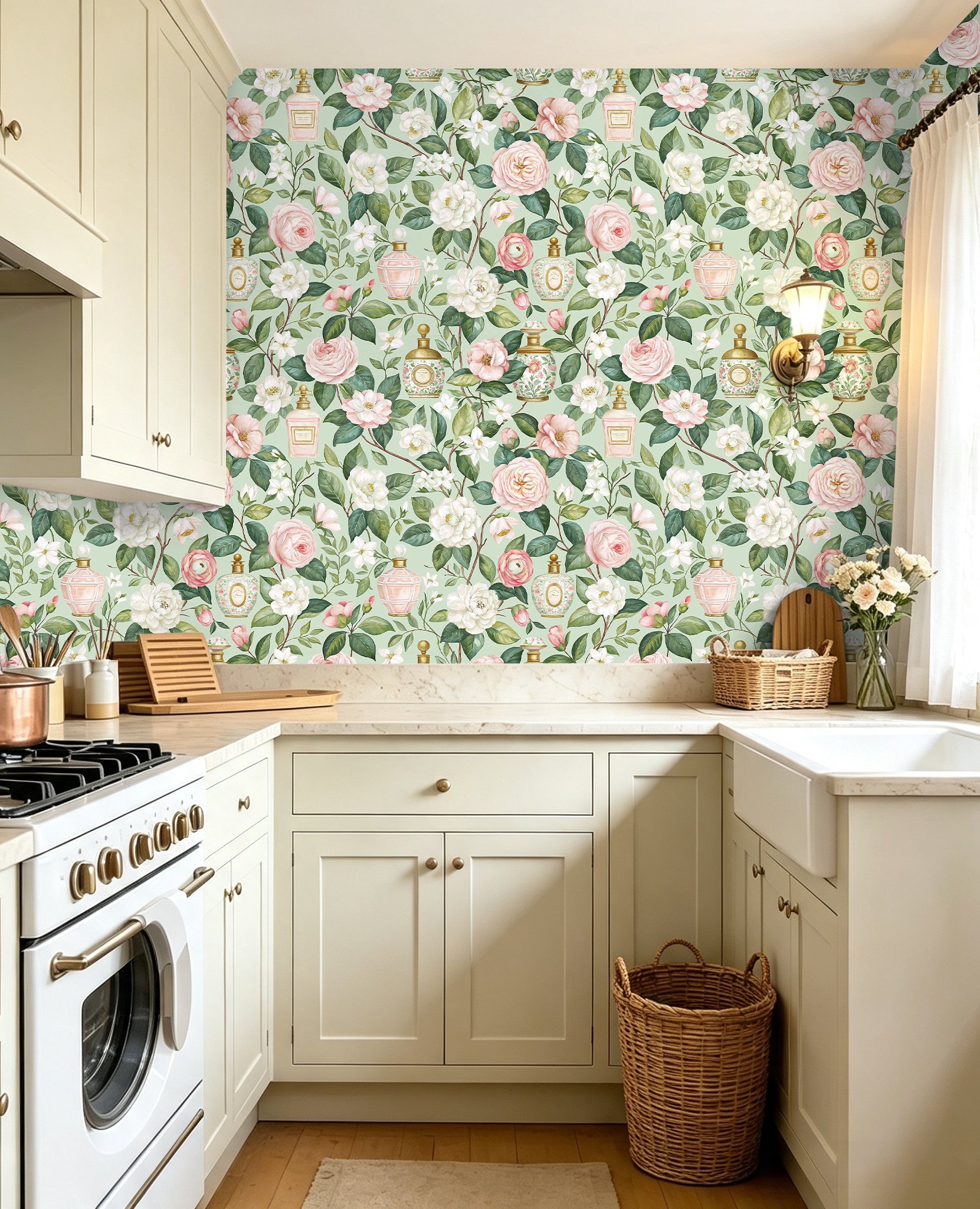 Vintage rose floral peel‑and‑stick wallpaper as decorative kitchen backsplash accent