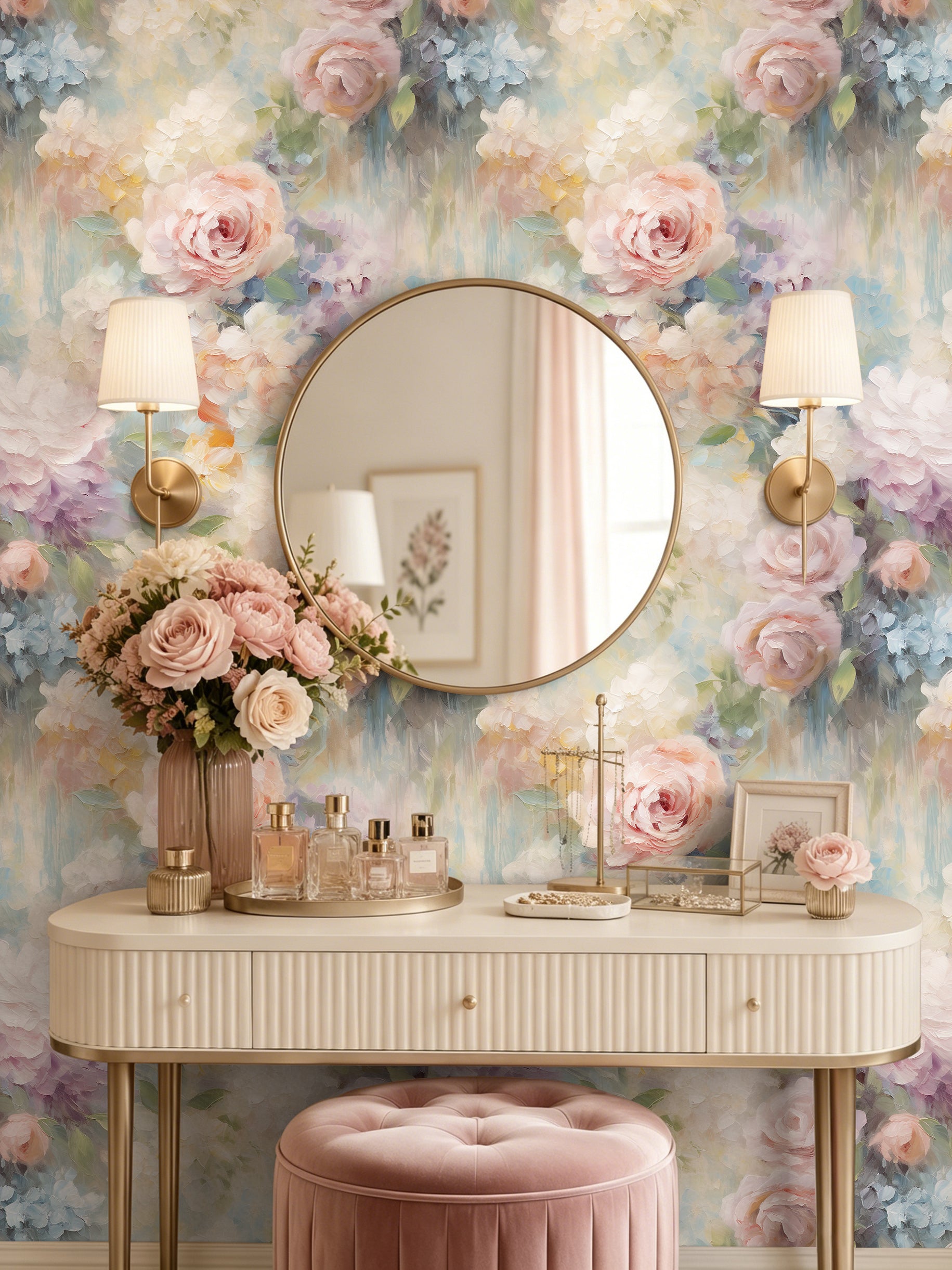 Vintage vanity area decorated with watercolor floral wallpaper