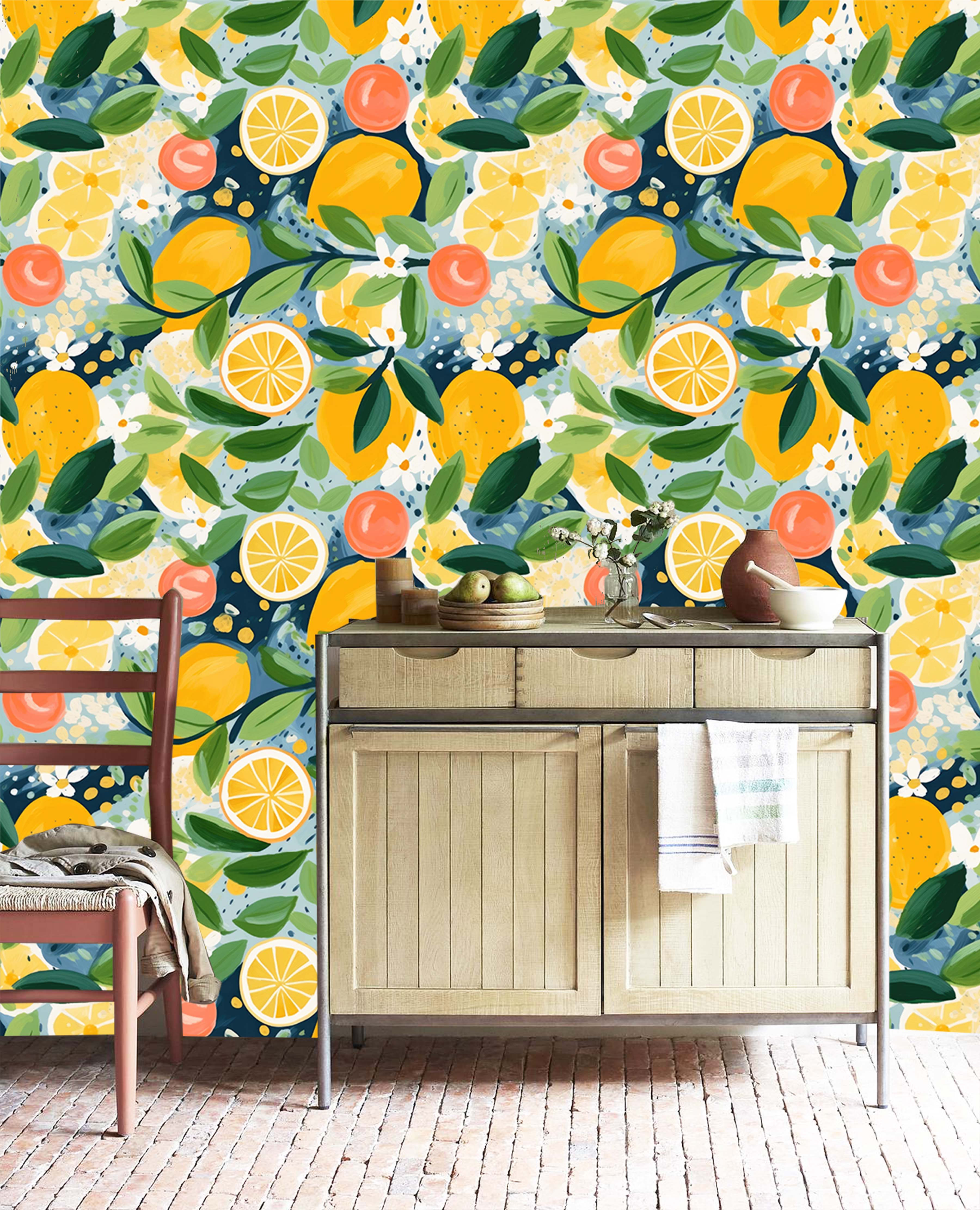 HaokHome Wallpaper Peel and Stick Citrus Fruits and Leaves Wall Decor in Yellow, Orange & Green Removable Mural