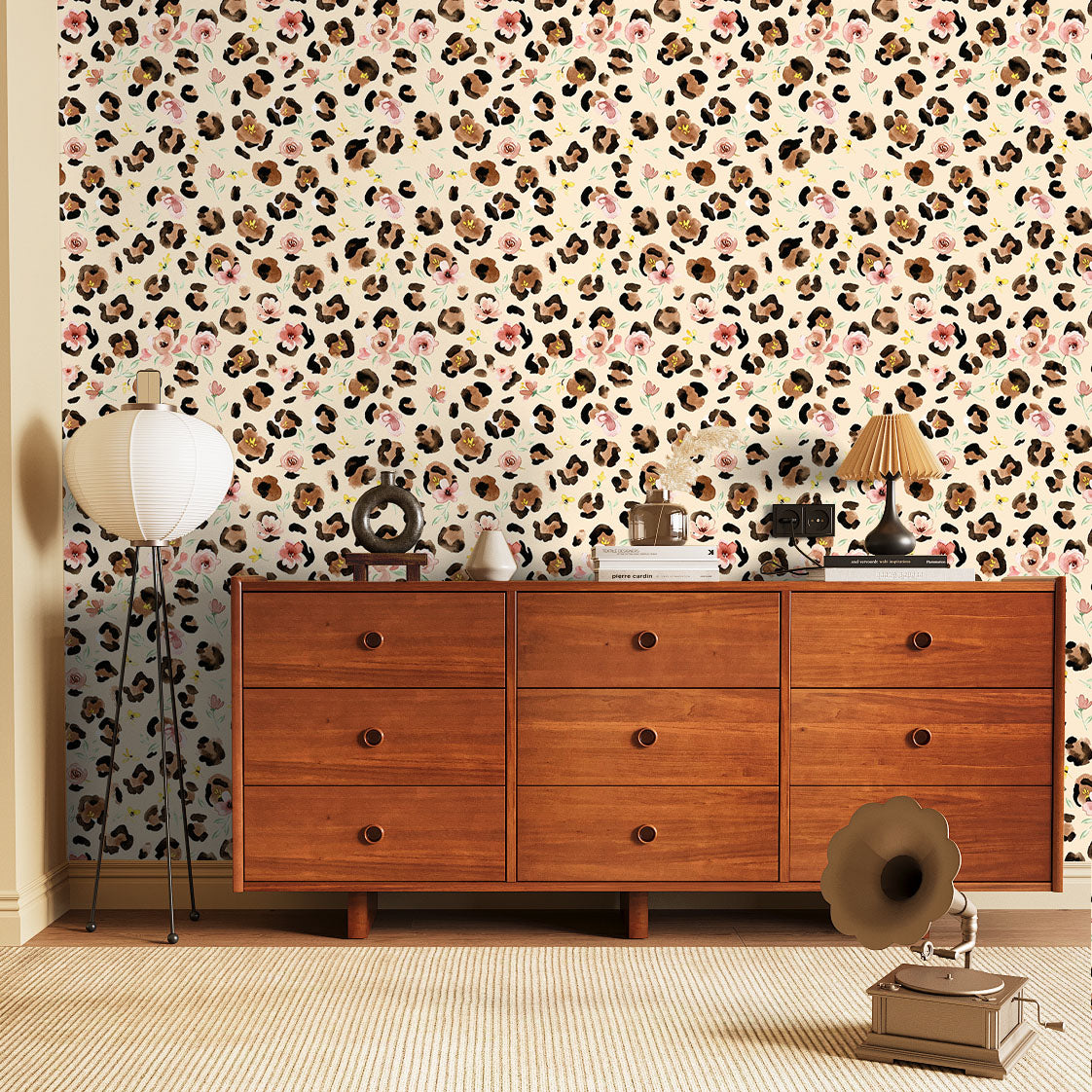 HaokHome Peel and Stick Wallpaper Watercolor Leopard Print Floral Wall Mural Removable Self Adhesive Soft Botanical Wallpaper