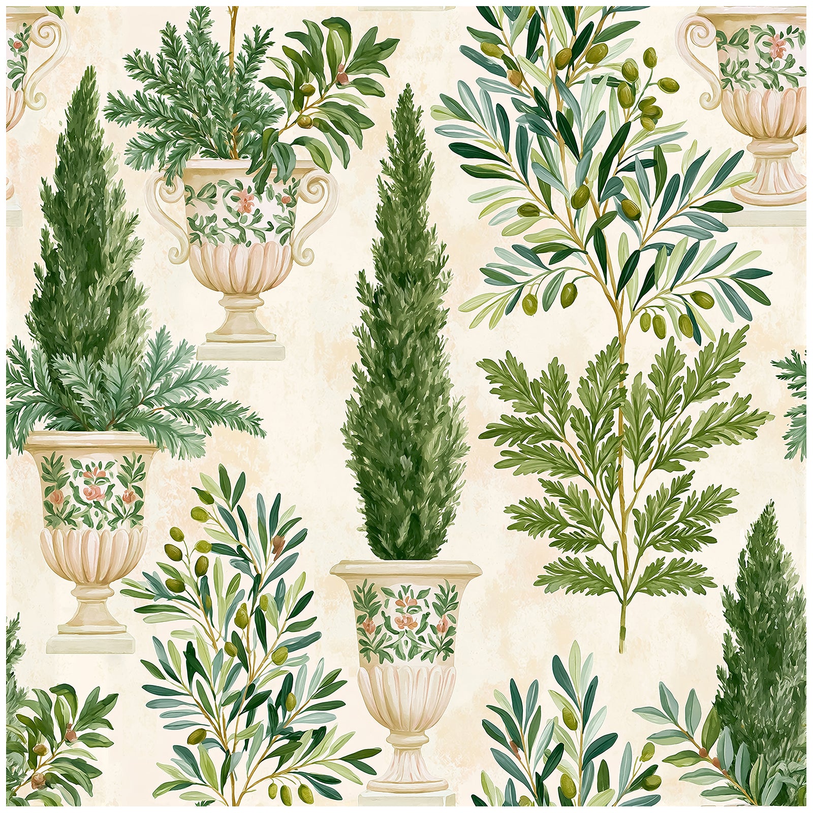 Haokhome Mediterranean Potted Cypress Olive Peel and Stick Wallpaper, Classical Garden Urn Wall Decor