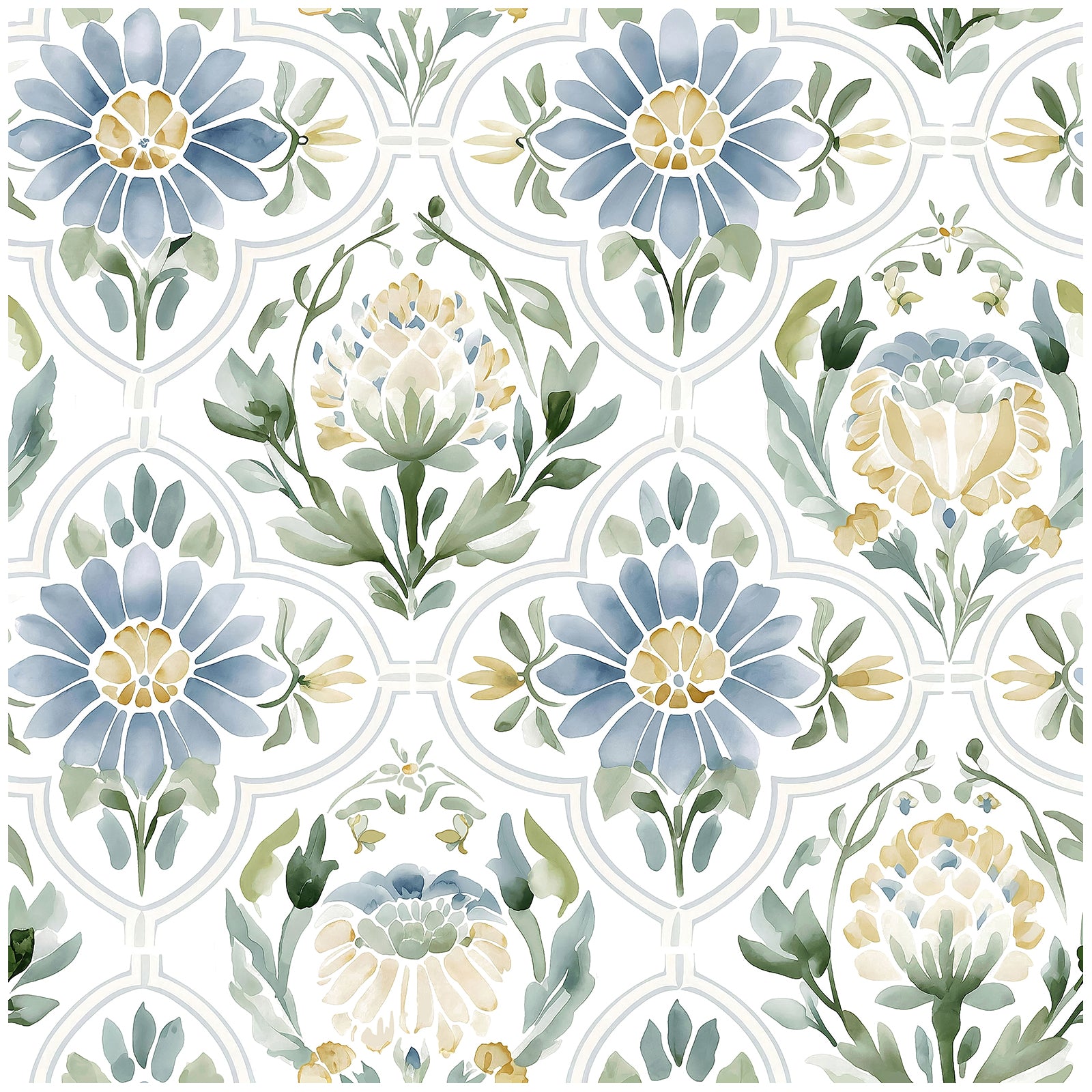 Haokhome Watercolor Floral Tile Removable Self‑Adhesive Wall Covering, Soft Blue Cream Vintage Flower Wallpaper
