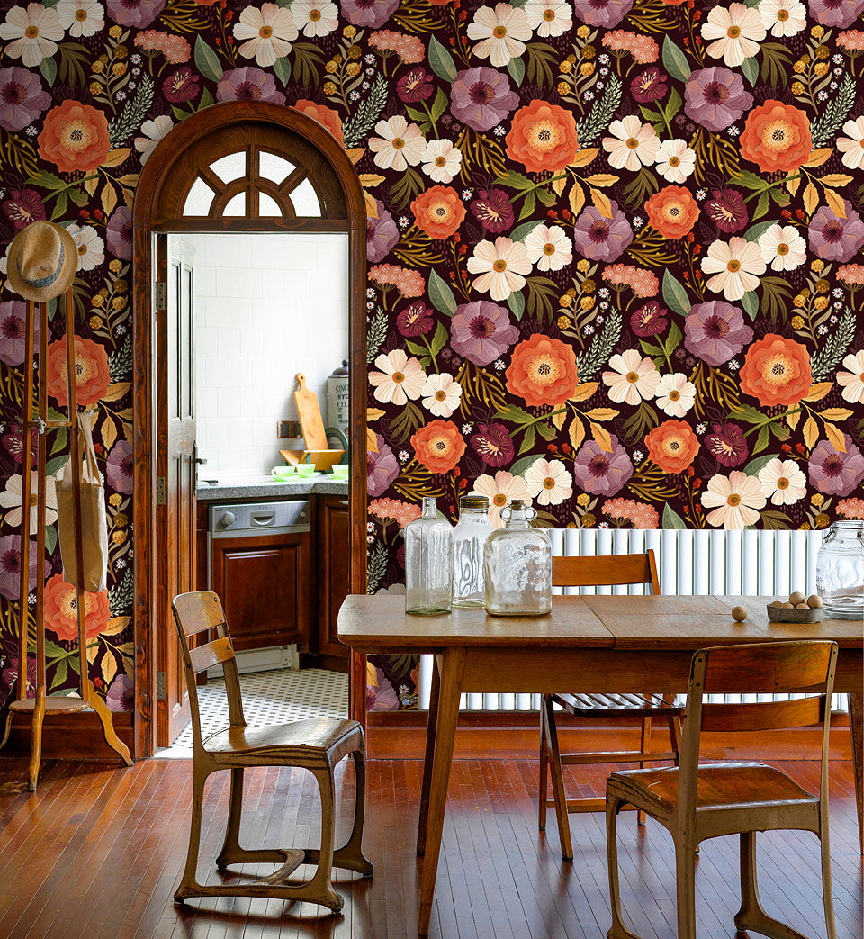 HaokHome Floral Pattern Wallpaper – Elegant Poppies, Daisies, and Leaves on Deep Burgundy Background