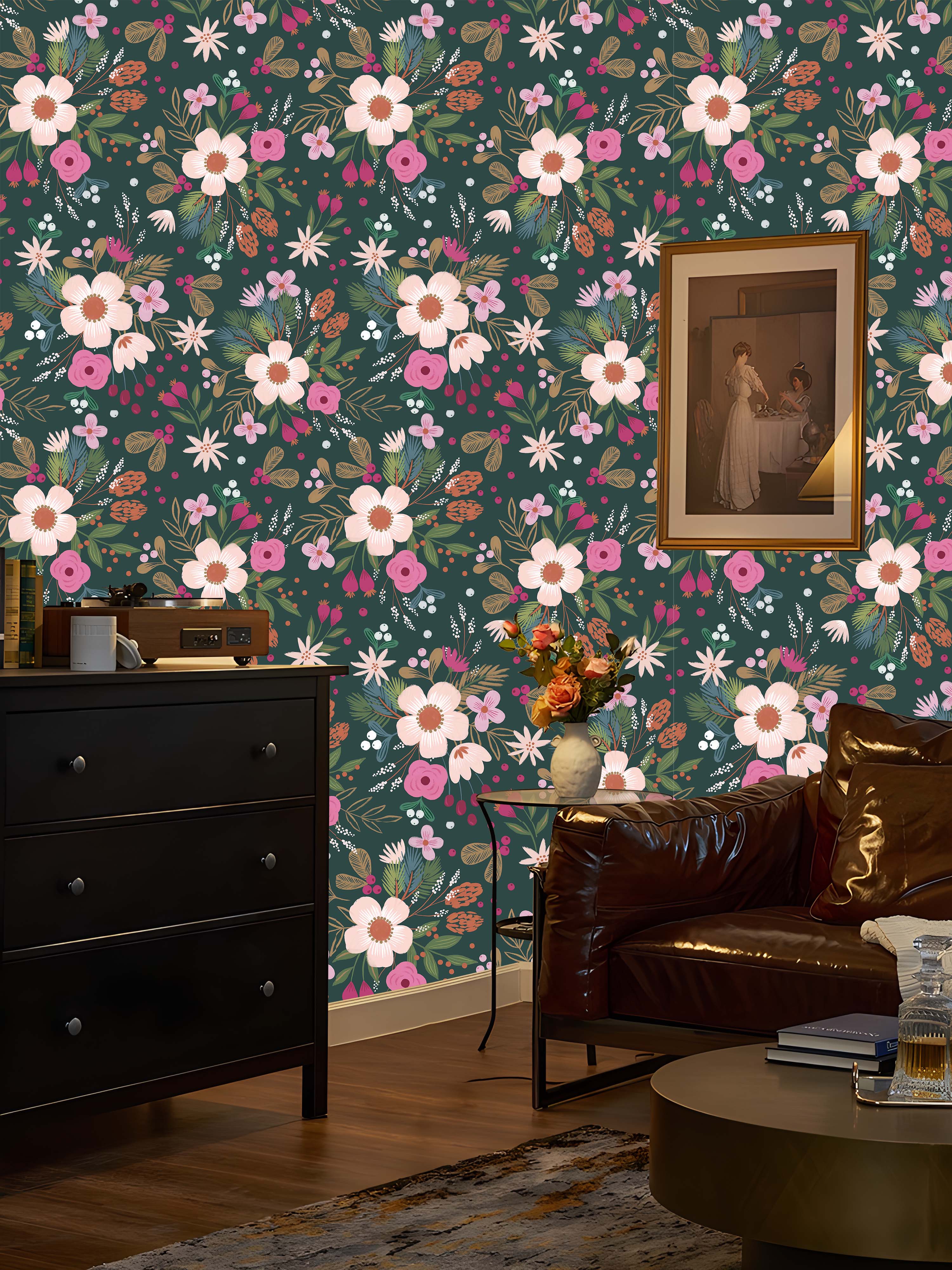 Deep Teal Winter Floral Wallpaper – Warm Soft Blossom Botanical Print