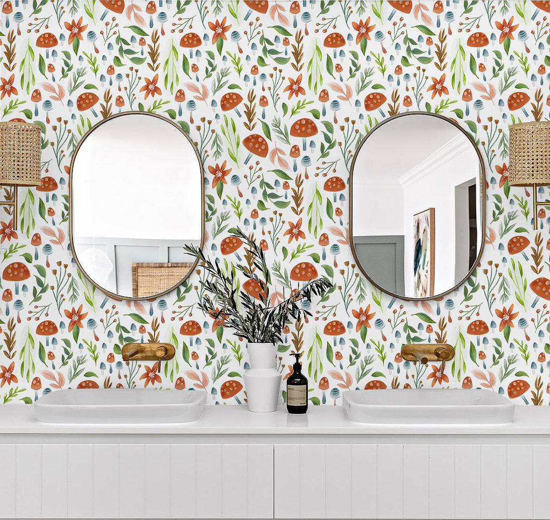 watercolor mushroom peel and stick wallpaper、whimsical forest botanical wallpaper、nursery mushroom removable wallpaper、boho woodland peel and stick wallpaper