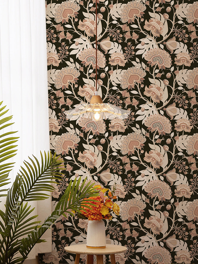 HaokHome Vintage Exotic Floral Peel and Stick Wallpaper – Neutral Beige Flowers on Dark Black Background