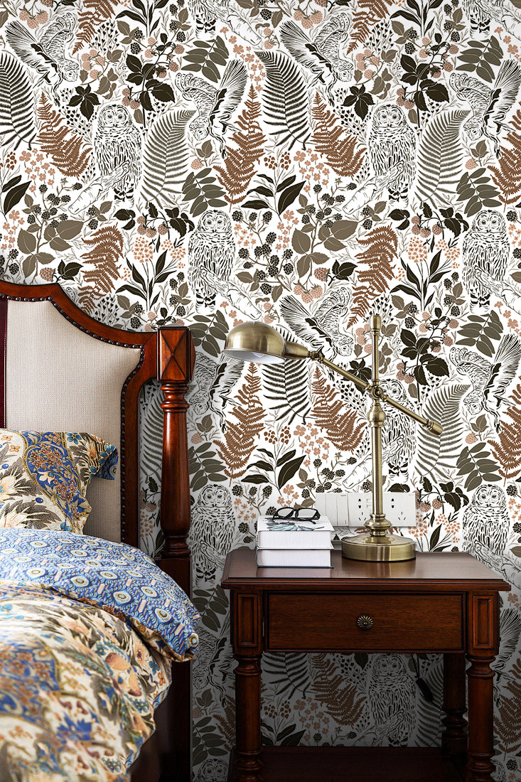 HaokHome Owls Peel & Stick Wallpaper Boho Removable Wall Paper Brown/Charcoal/White Tropical Textured Stick on Contact Paper for Bathroom Decoration