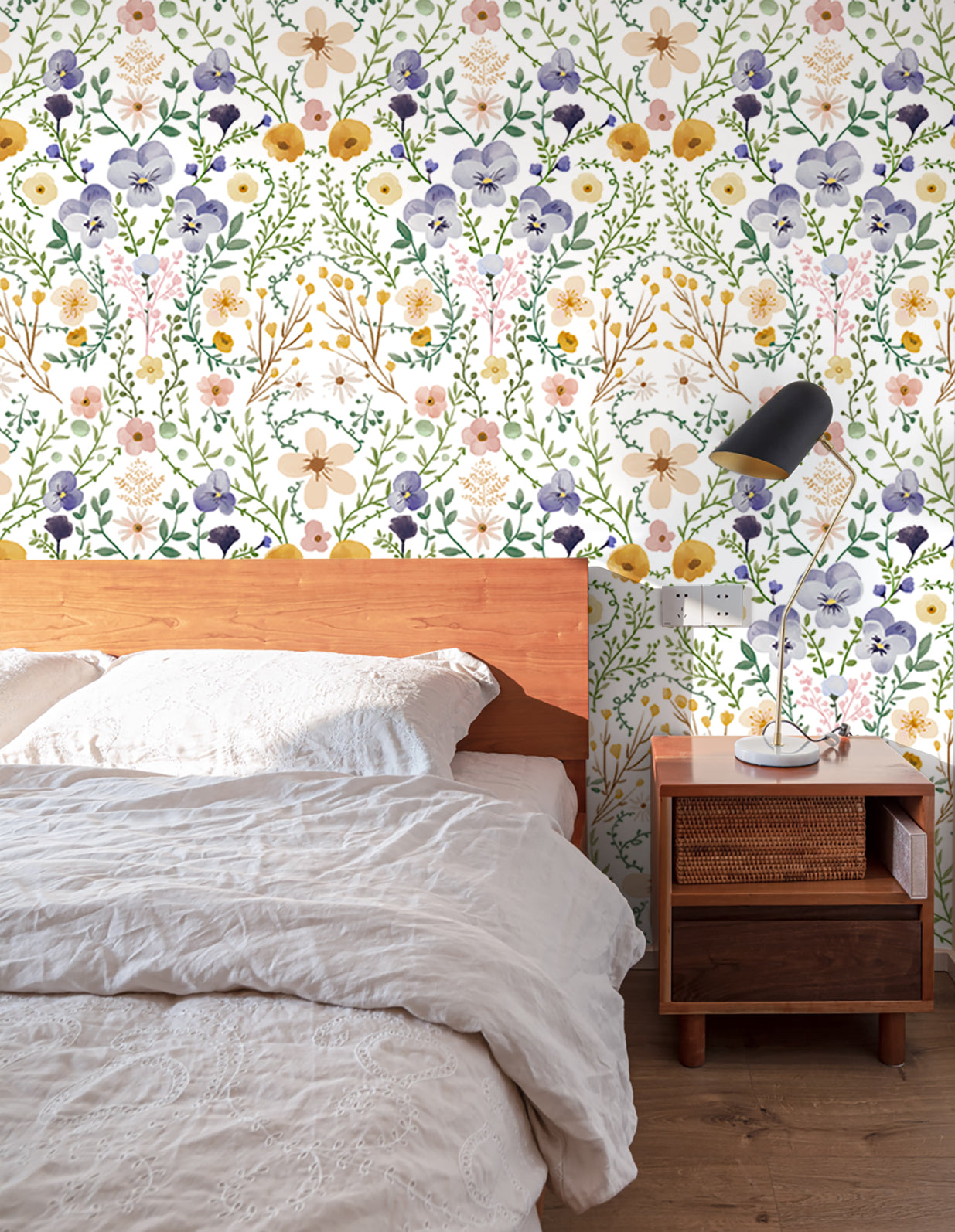 HaokHome Peel and Stick Wallpaper White Watercolor Pansy Wildflower Wall Mural Removable Self Adhesive Soft Cottage Floral Wallpaper