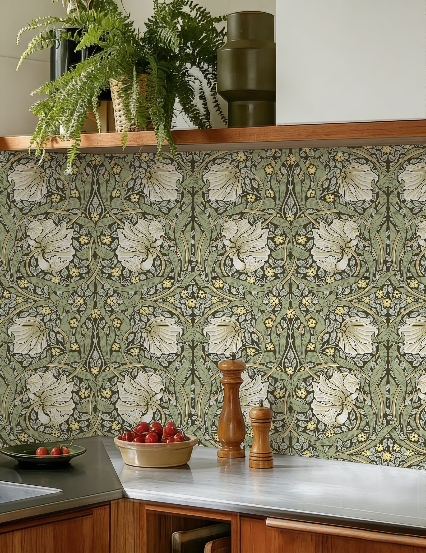 HaokHome Vintage Floral Wallpaper Peel and Stick Botanical Sage Green/Yellow Wall Murals Home Kitchen Bedroom Decor by William Morris