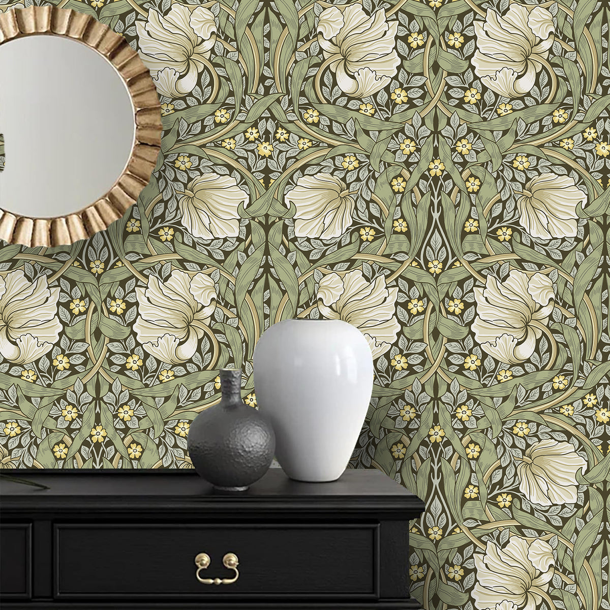 HaokHome Vintage Floral Wallpaper Peel and Stick Botanical Sage Green/Yellow Wall Murals Home Kitchen Bedroom Decor by William Morris