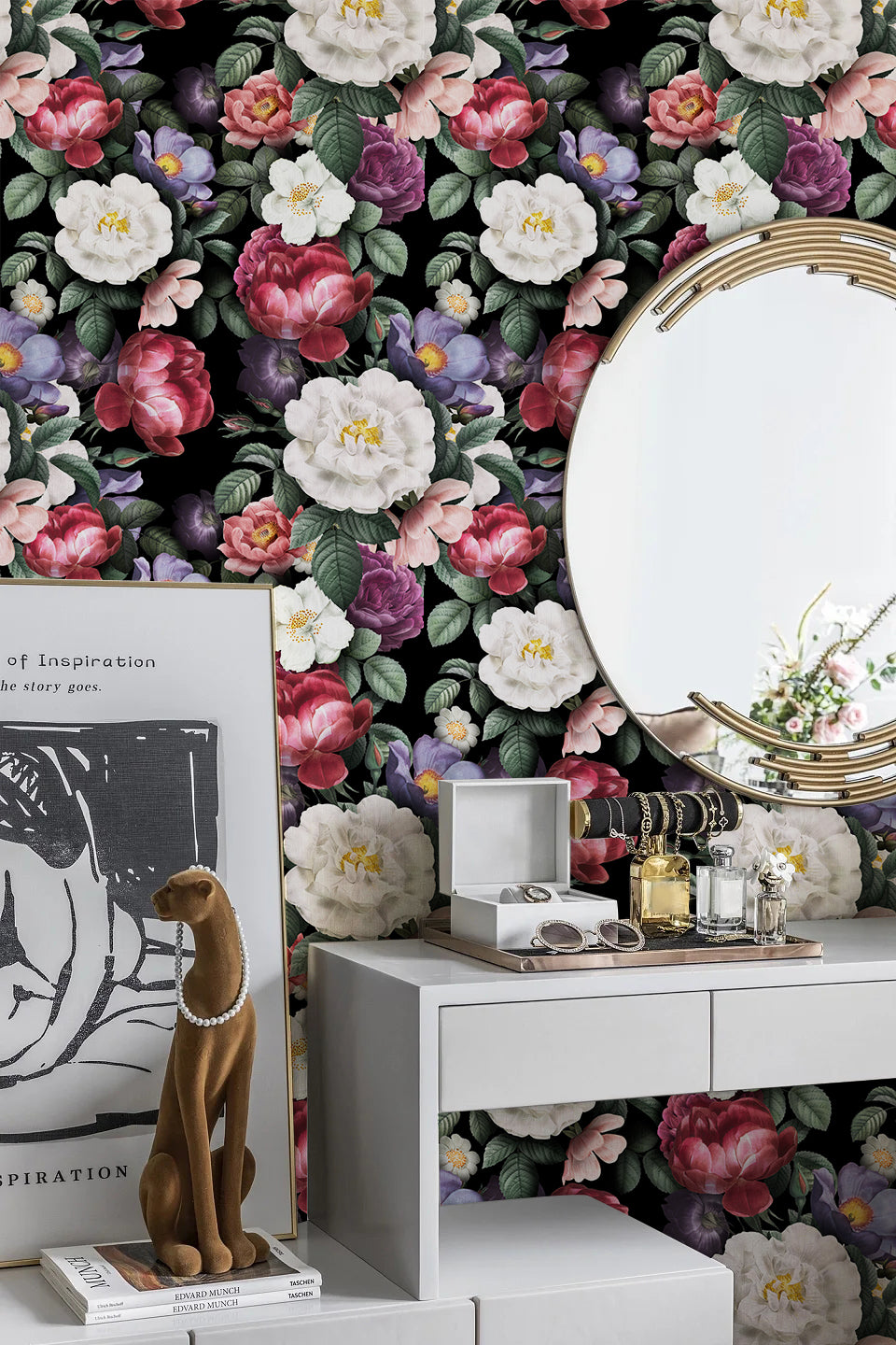 HaokHome Floral Peel and Stick Wallpaper Removable Vintage Wall Paper Black/Green/Pink Vinyl Self Adhesive Wall Mural