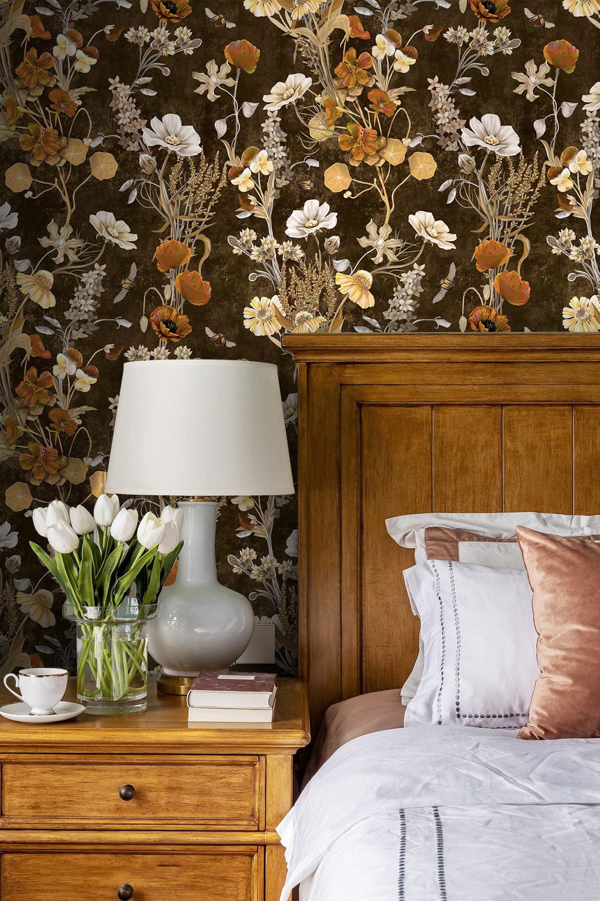 HaokHome Vintage Floral Wallpaper with Dark Brown Background Cozy Nature-Inspired Home Décor