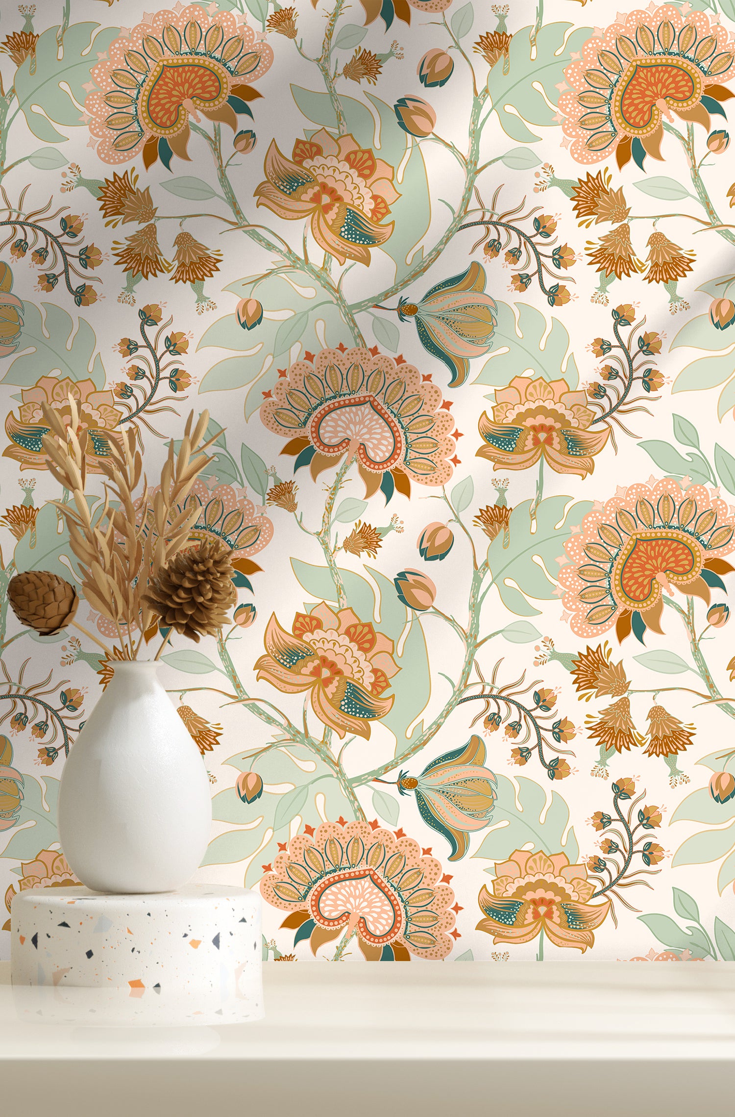 HaokHome Boho Wallpaper Vintage Chomper Flower Peel and Stick Wall Paper for Home Decor Countertops Cabinets