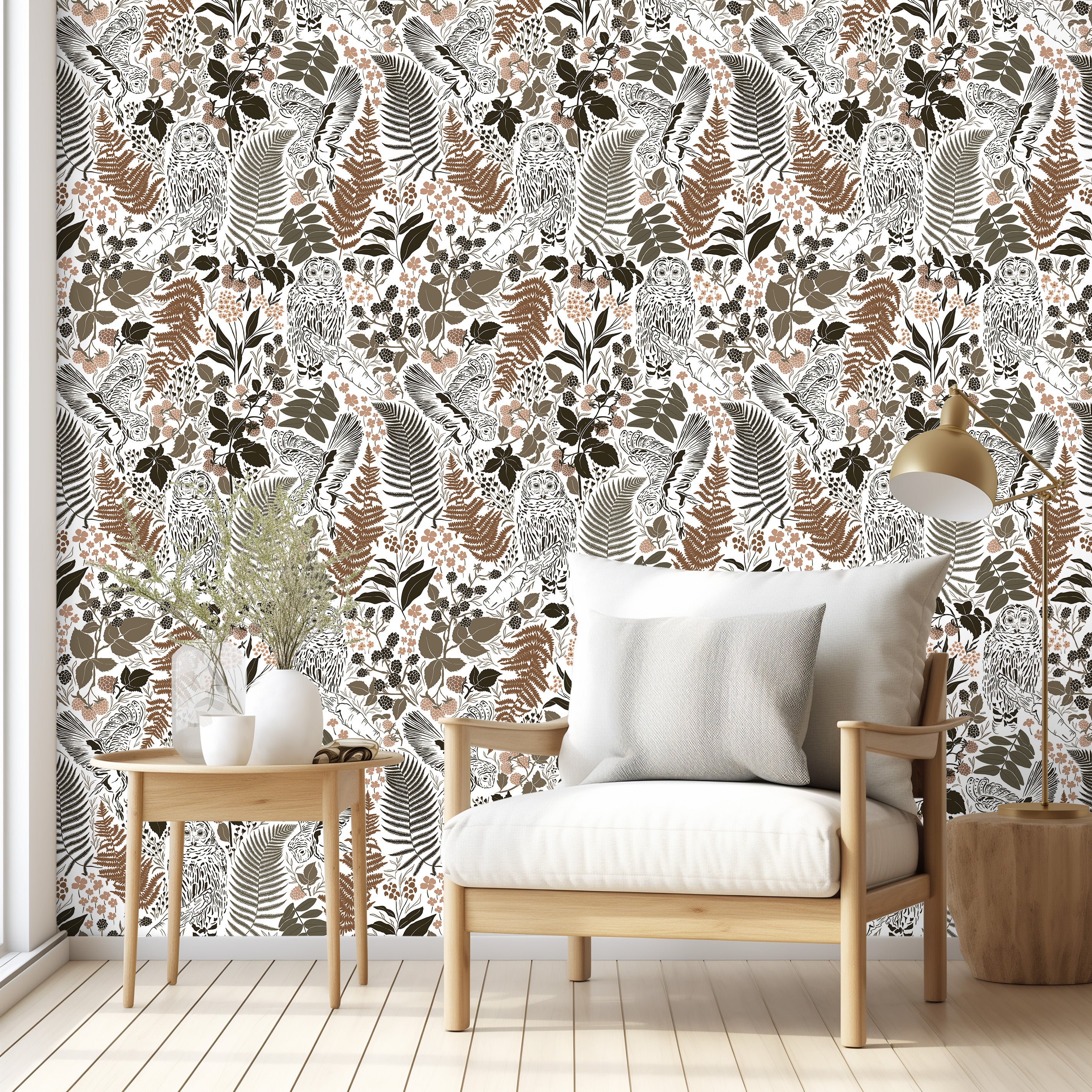 HaokHome Owls Peel & Stick Wallpaper Boho Removable Wall Paper Brown/Charcoal/White Tropical Textured Stick on Contact Paper for Bathroom Decoration