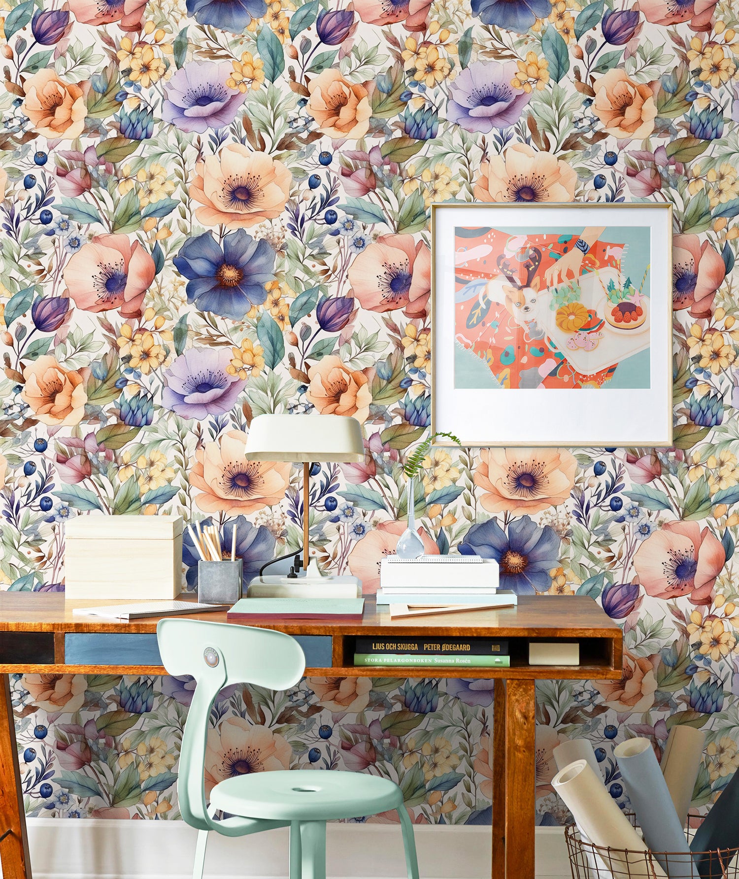 HaokHome Vintage Watercolor Mixed Large Floral Removable Wall Covering