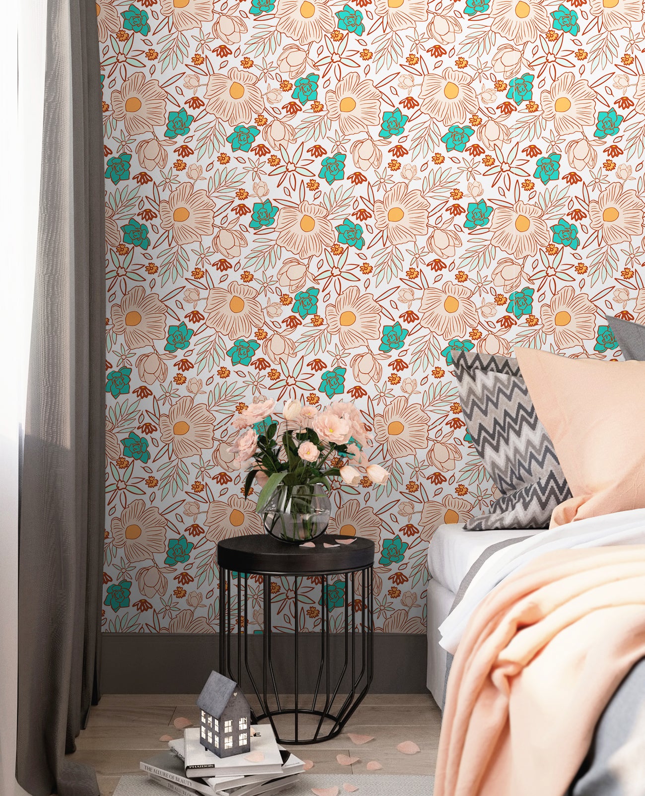 HaokHome Earthy and Aqua Tones Playful Floral Line Art Wallpaper