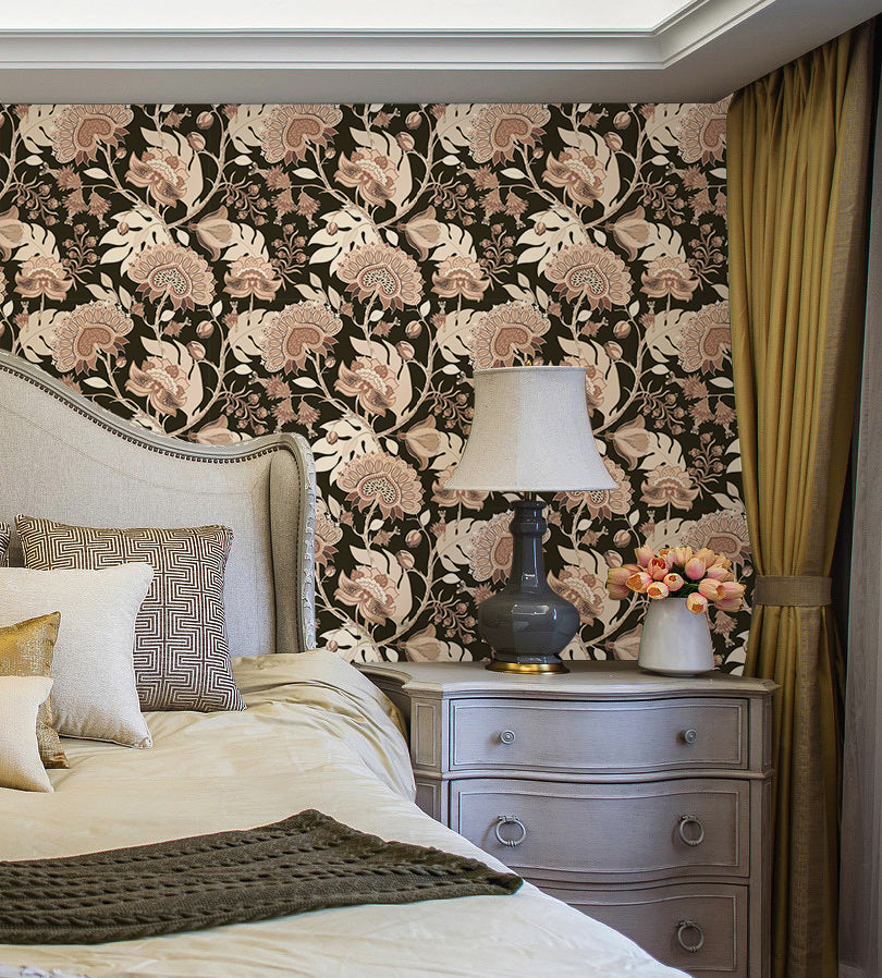 HaokHome Vintage Exotic Floral Peel and Stick Wallpaper – Neutral Beige Flowers on Dark Black Background