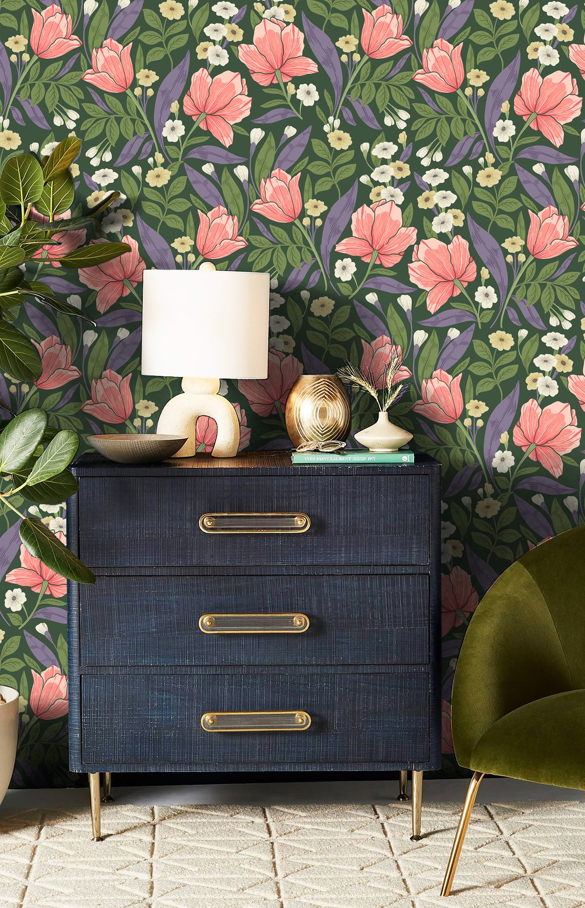 HaokHome Dark Green Coral Tulip Botanical Removable Self‑Adhesive Wall Covering, Moody Floral Peel and Stick Wallpaper