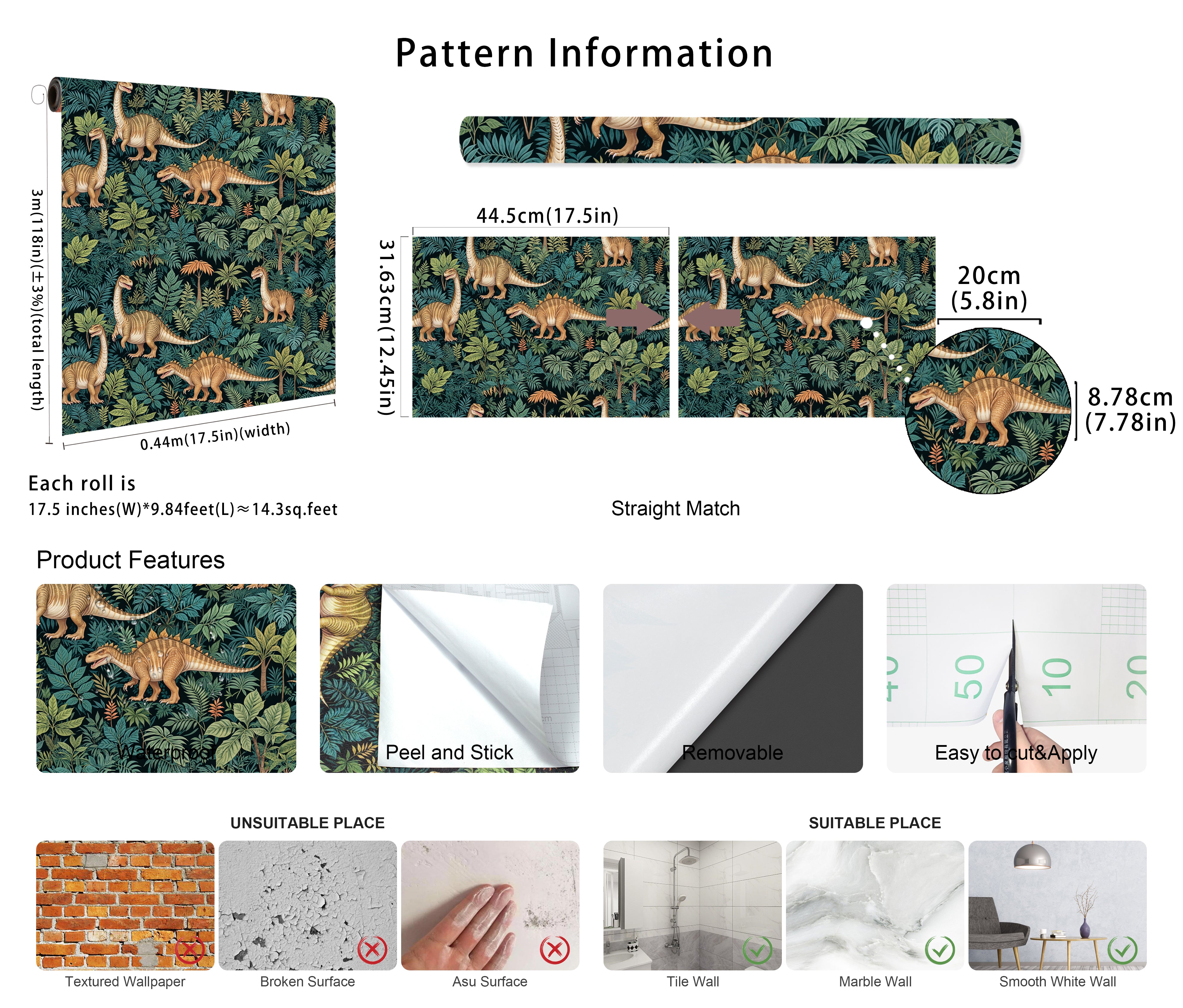 HaokHome Wallpaper Peel and Stick Dinosaur Jungle Foliage Wall Decor Removable Mural
