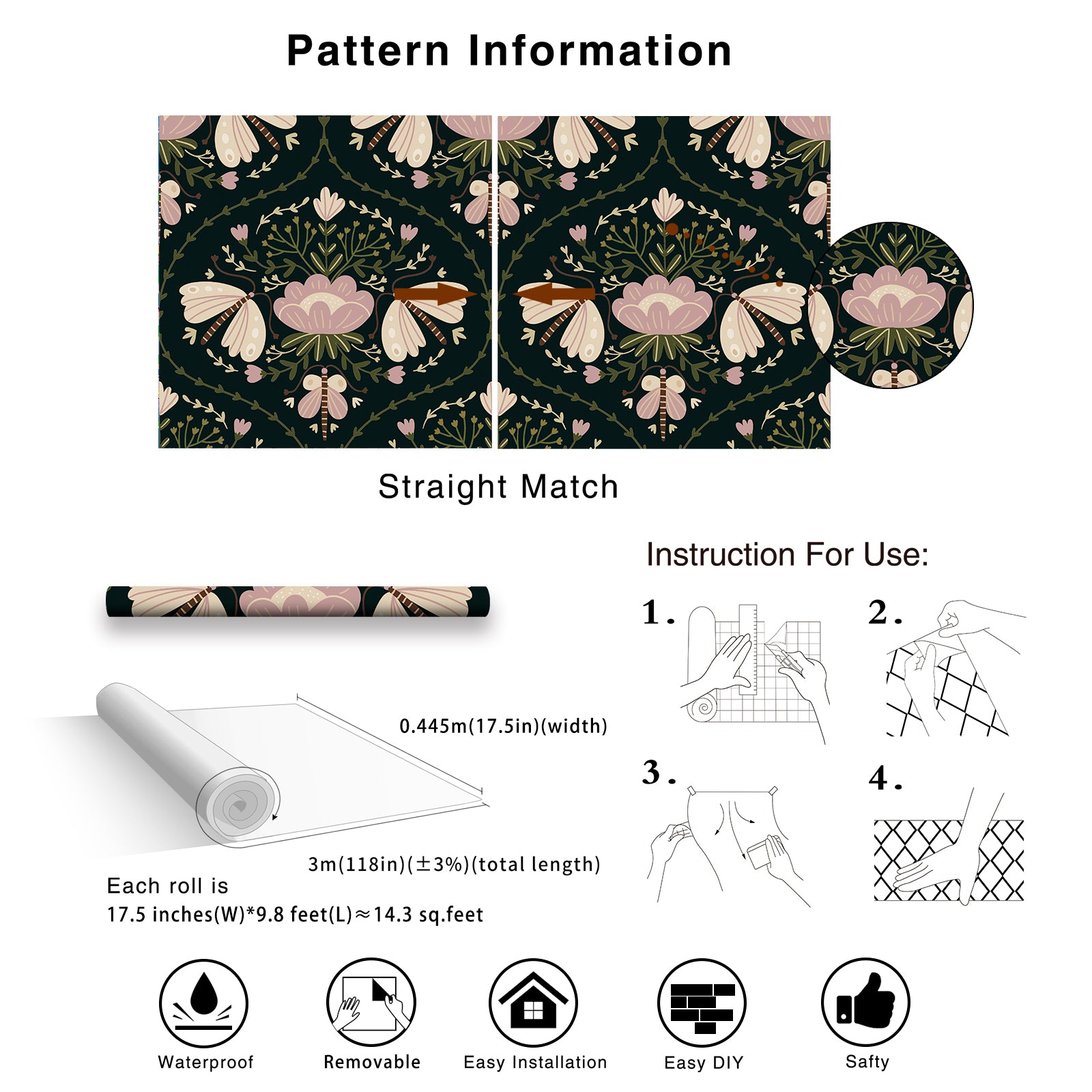HaokHome Moody Black Floral Peel and Stick Wallpaper, Vintage Moth & Dahlia Removable Self Adhesive Wallpaper