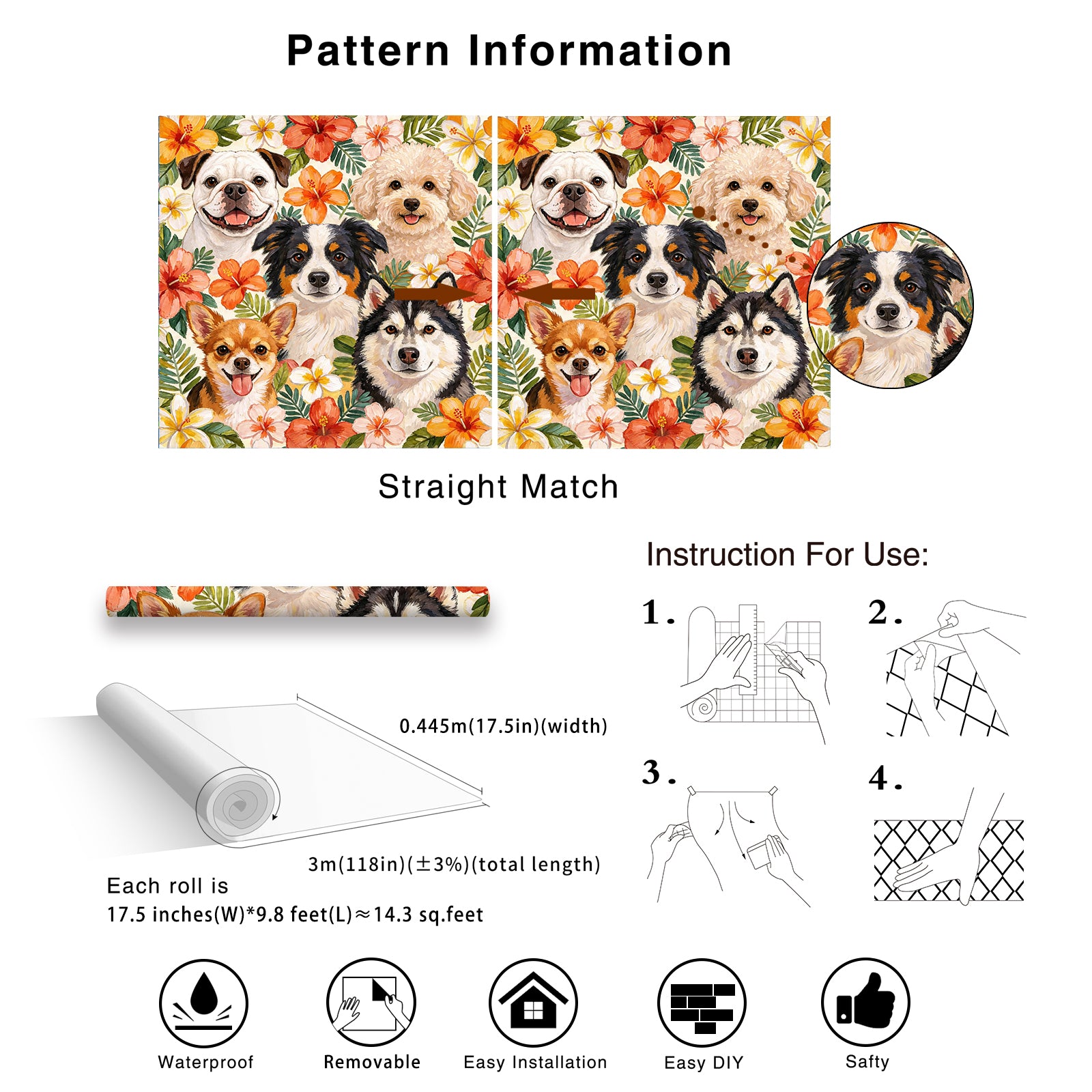 HaokHome Tropical Dog Floral Peel and Stick Wallpaper, Watercolor Puppy & Hibiscus Botanical Removable Self Adhesive Wallpaper