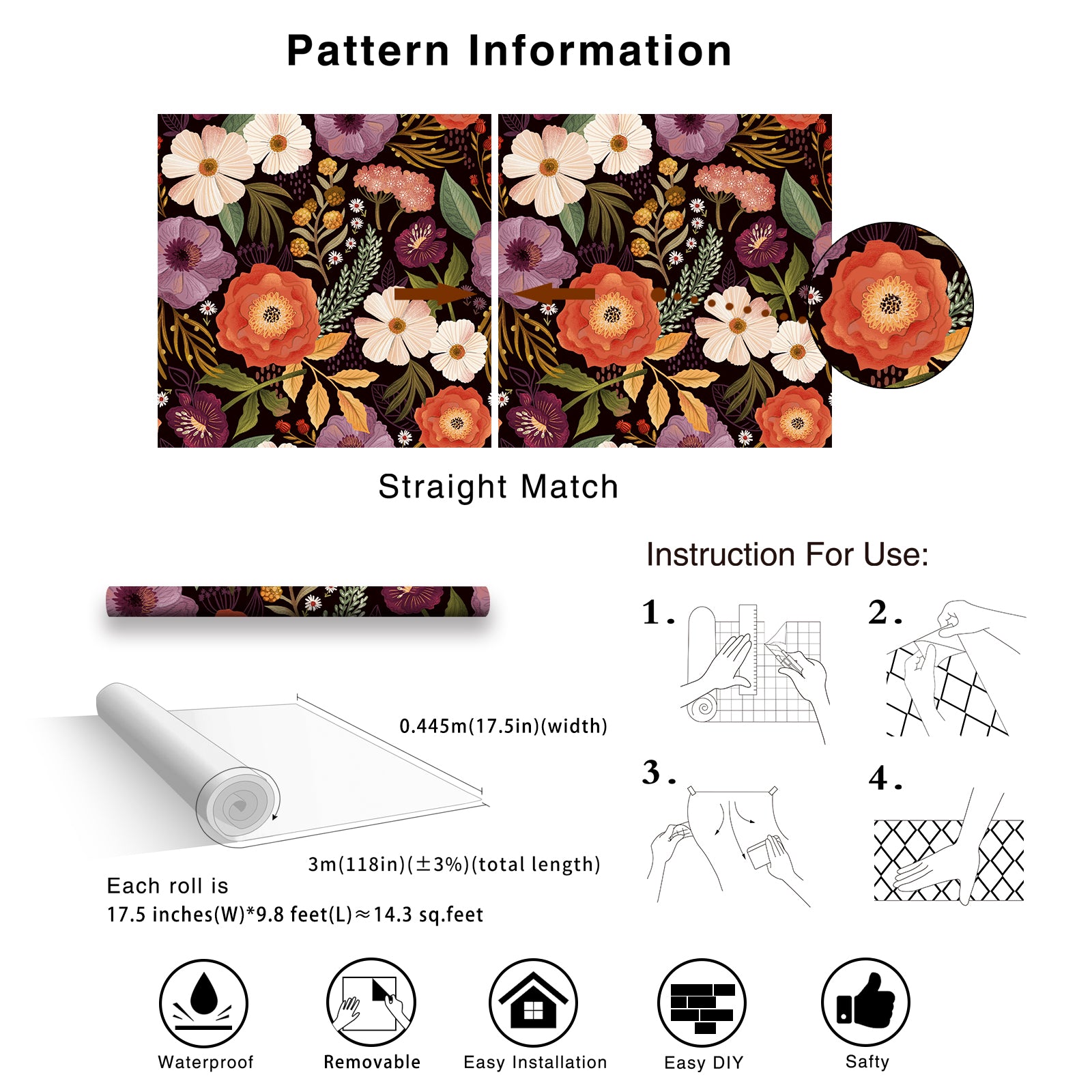 HaokHome Floral Pattern Wallpaper – Elegant Poppies, Daisies, and Leaves on Deep Burgundy Background