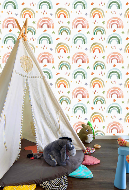 HaokHome 99027 Cute Rainbow Peel and Stick Wallpaper for Kids Bedroom Bathroom Cartoon Contact Paper