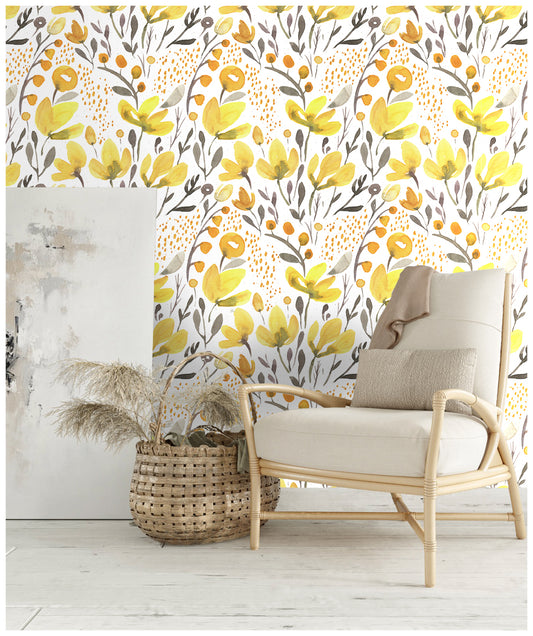HaokHome 93040 Watercolor Floral Peel and Stick Wallpaper  Yellow