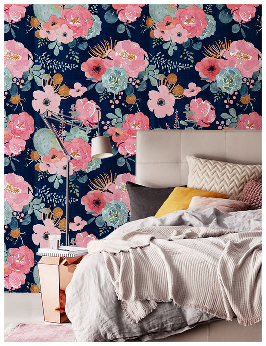 HaokHome 93005-1 Cute Watercolor Peony and Cactus Wallpaper Navy/Pink/Green