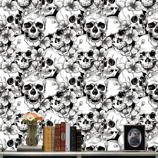 HaokHome 93102 Sugar Skull Floral Peel and Stick Wallpaper